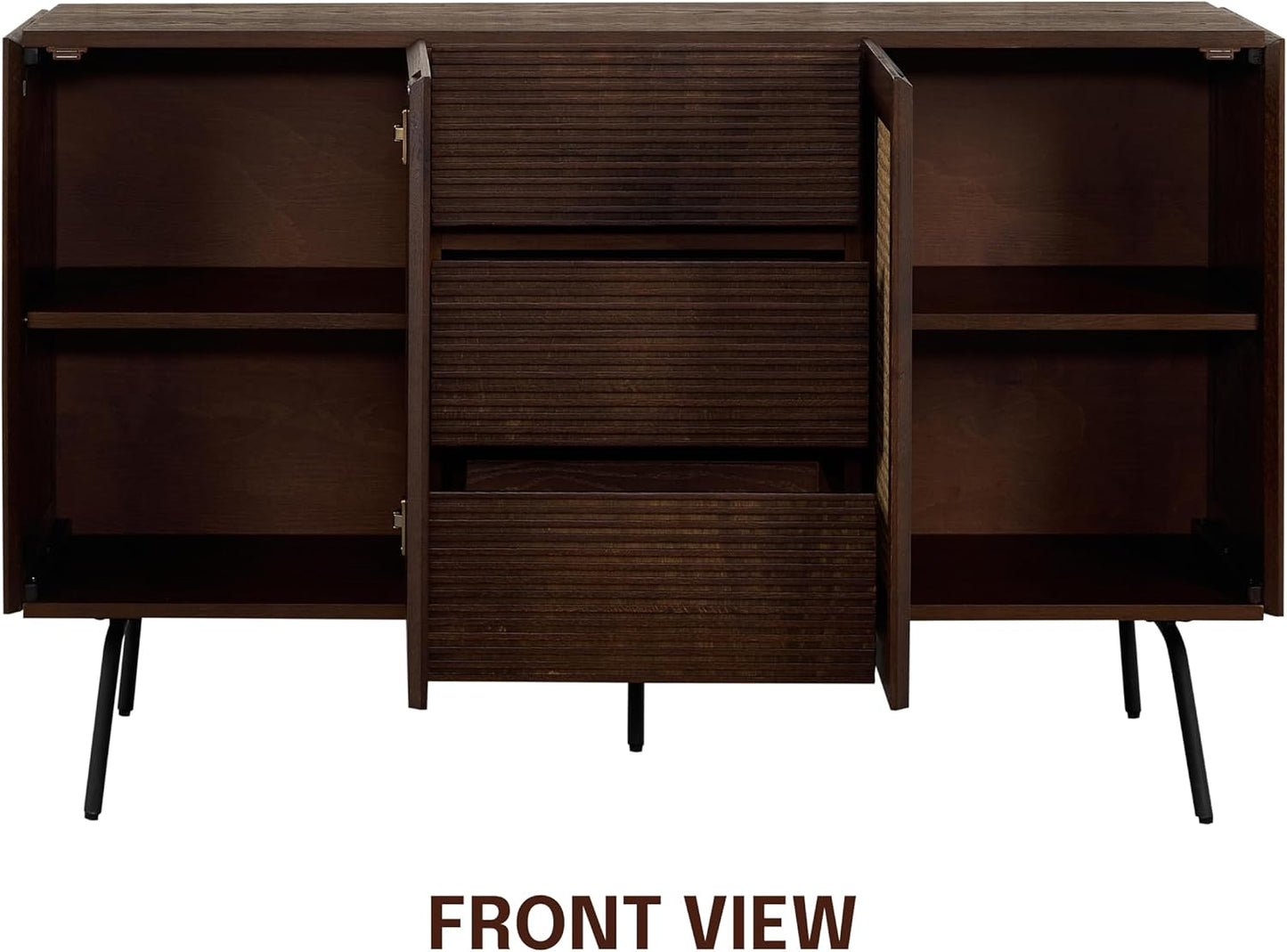 NTC MOSSIC Sideboard with 2 Doors and 3 Drawers, Buffet Cabinet with Natural Rattan and Metal Legs, Modern Storage Cabinet for Living Room, and Hallway, Effortless Assembly - Dark Walnut