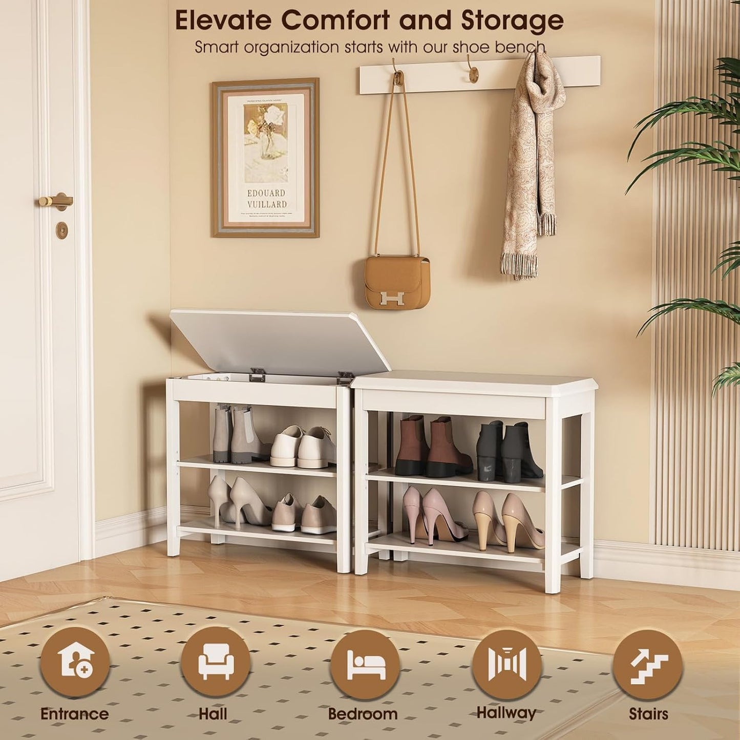 Shoe Rack Bench Seat Rubberwood 2-Tier Wooden Storage Bench 550lbs Compact Mid-Century Modern Design for Entryway, Hallway, Closet, Front Door Entrance, Foyer