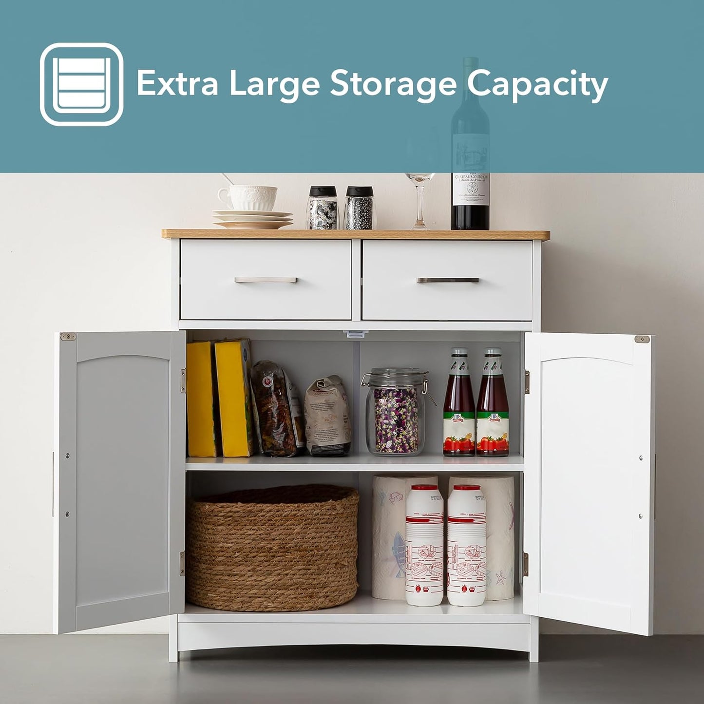 Buffet Cabinet with Storage, Coffee Bar Cabinet 26 x 30 Inches, Oak Top Sideboard Cabinet, Matte White Finish, Anti-Fall Drawers, Arched Doors, Adjustable Shelves