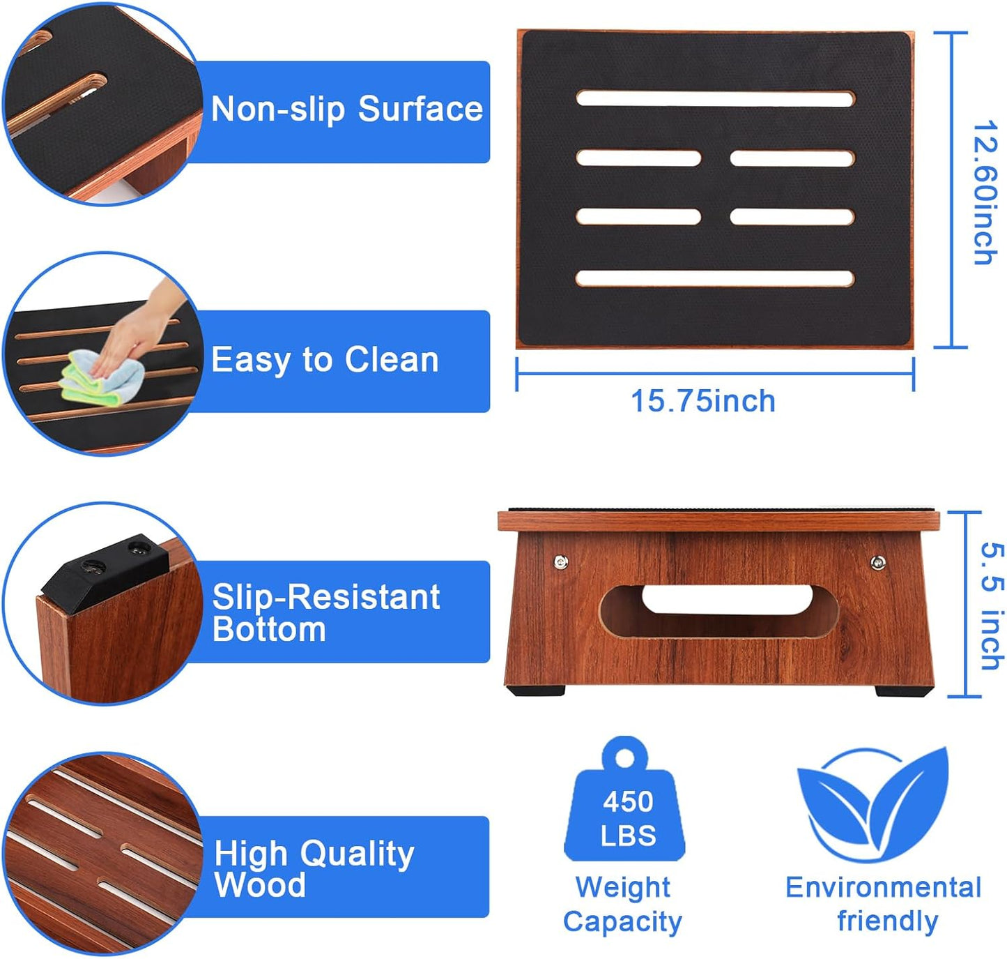 One Step Stool for Adults Seniors with Non-Slip Rubber Stepping Surface, Heavy Duty Wooden Step Stool with 450 LBS Capacity Bed Steps for High Beds, Bathroom, Bedroom, Kitchen & Kids Bedside Support