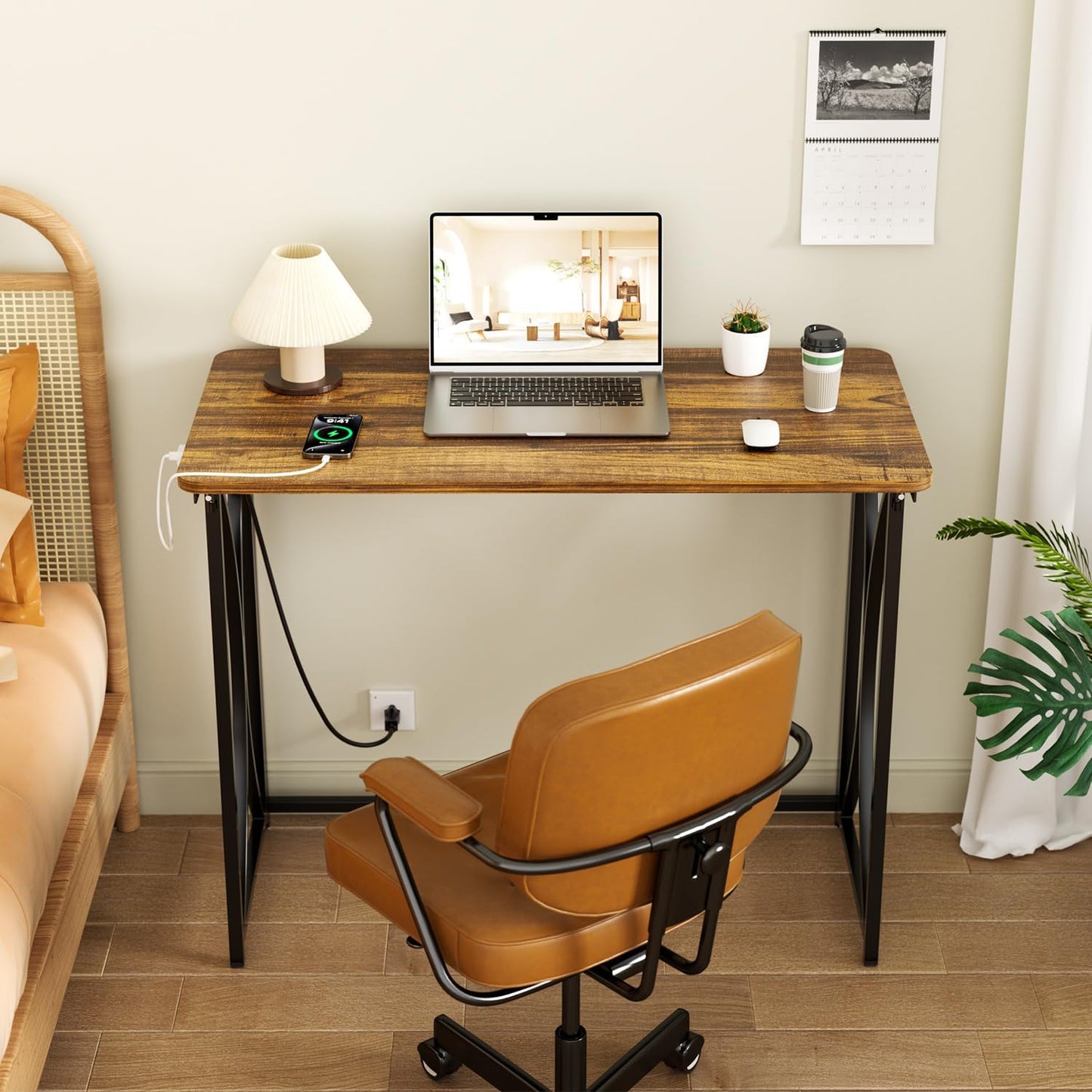 Small Desk, 31.5" Folding Table for Bedroom with Power Outlet, Space Saving Folding Computer Desk for Home Office, Easy Assembly, Brown