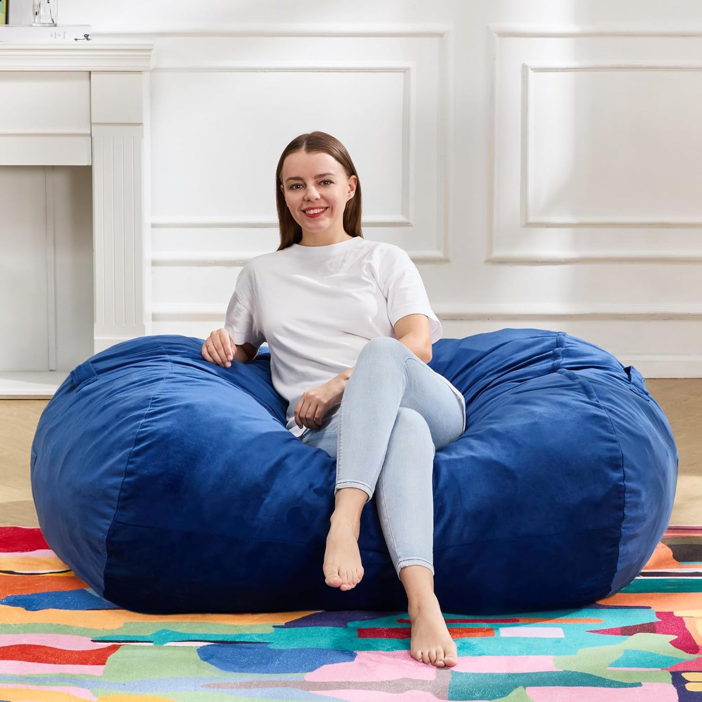 Hobestluk 3FT Bean Bag Chair Large Beanbag with Removable Cover Adult Bean Bag Chair with Portable Handle Desgin for Living Room Bedroom (Blue, 3FT)