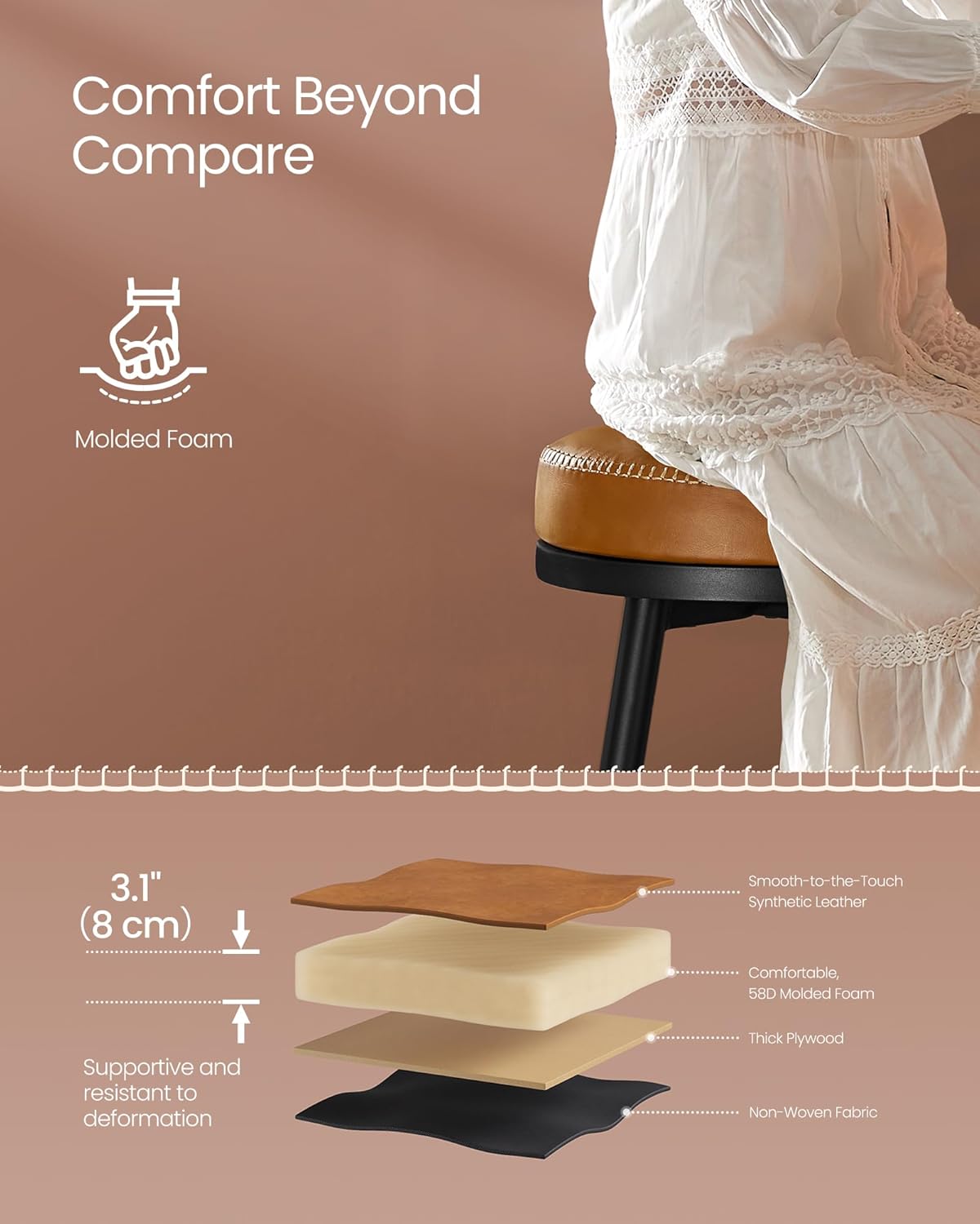 VASAGLE EKHO Collection - Swivel Bar Stools Set of 2, Counter Height Backless Bar Stools, Synthetic Leather with Stitching, Mid-Century Modern, 25.6-Inch Tall Kitchen Barstools for Home, Caramel Brown