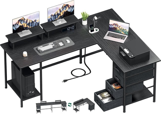 59 inch L Shaped Computer Desk with Power Outlets, Home Office Desk with 4 Adjustable Storage Drawers & 2 Monitor Stands, Two Person Gaming Table for Bedroom, Black