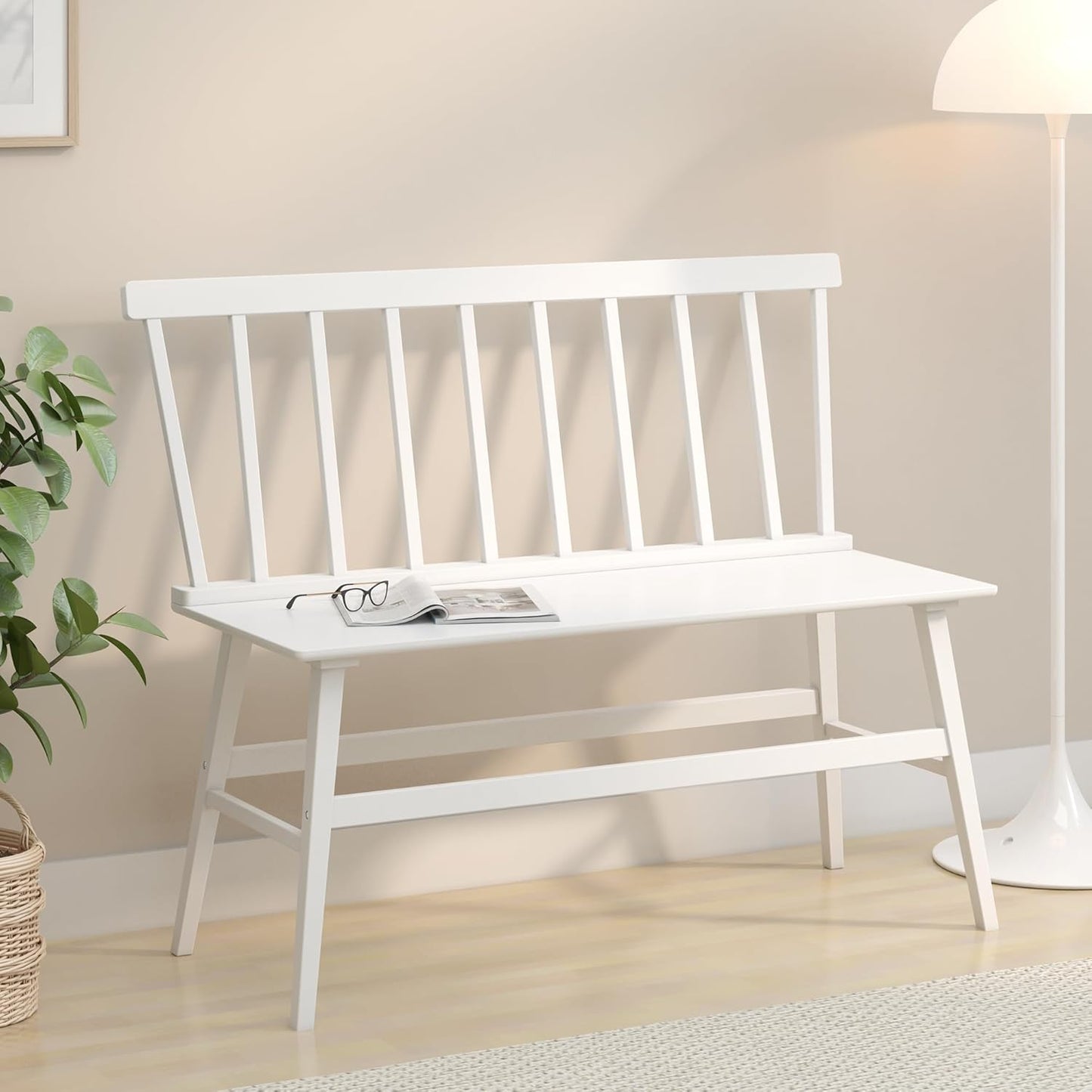 Bamboo Dining Bench, Wooden White Entryway Bench with Spindle Back Farmhouse Wood Windsor for Foyer Balcony Living Room Comfortable Winsor Chair Benches for Home
