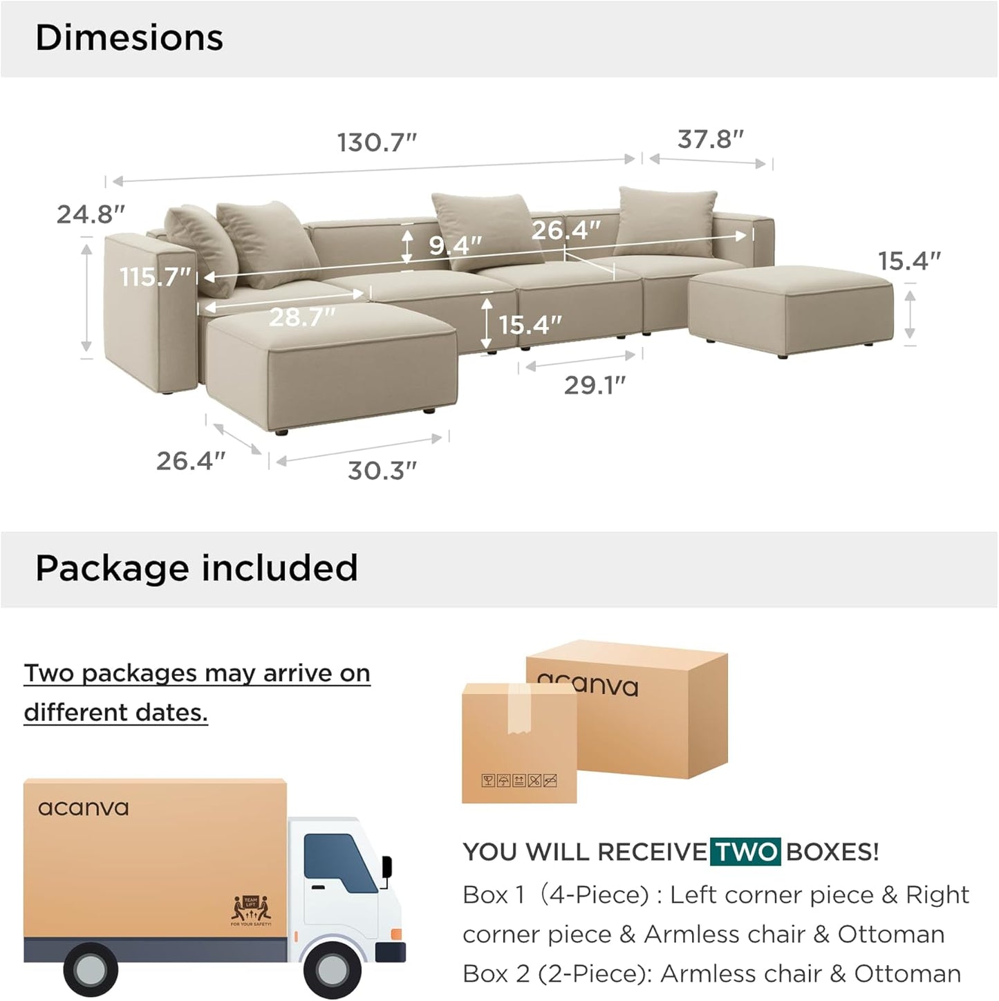 Acanva Luxury Modular Sectional Living Room Sofa Set, Modern Minimalist Style Couch with Ottoman and Chaise, U-Shape, Linen-Like Cream