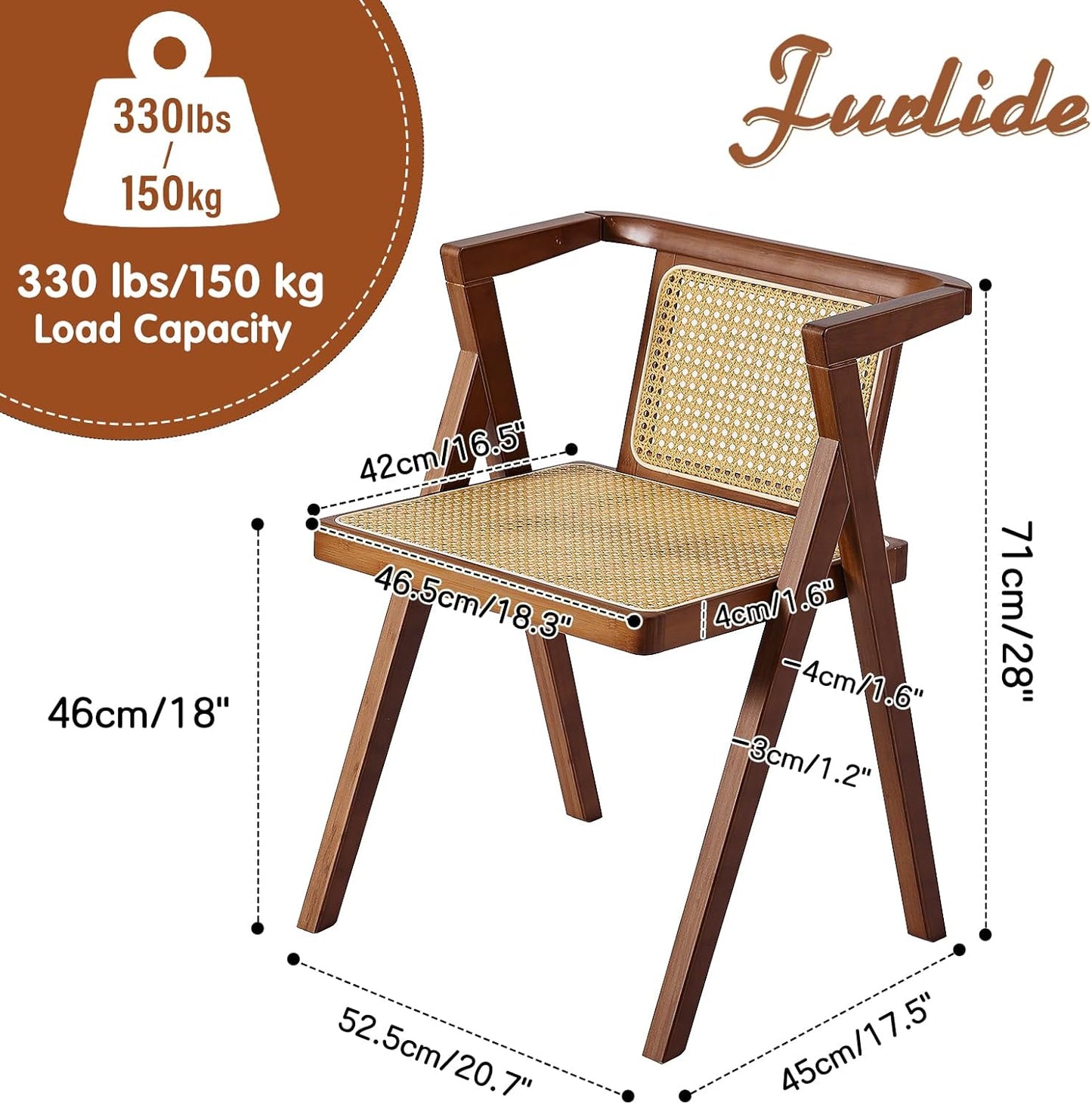 Rattan Dining Chair, Mid-Century Accent Armchair, Wicker Chair, Outdoor Bamboo Chair for Dining Room, Living Room, Bedroom, Kitchen, Walnut