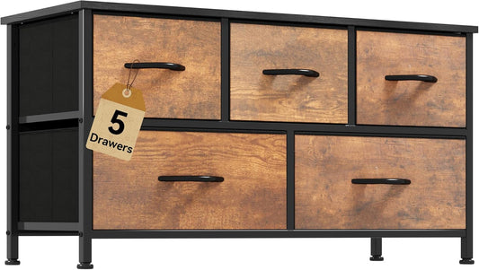 DWVO Dresser for Room with 5 Drawers - Fabric Storage Tower, Long Fabric Dresser, Organizer Unit for Closet, Hallway