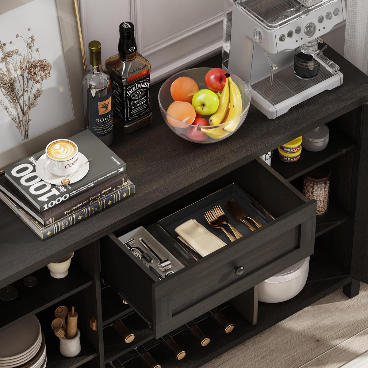 FATORRI Industrial Coffee Bar Cabinet with Drawer and Wine Rack, Sideboard Buffet Storage Cabinet with Door, Farmhouse Credenza Cupboard for Kitchen (Walnut Brown)