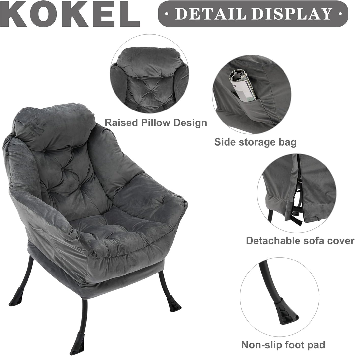 Lazy Chair with Folding Ottoman, Living Room Accent Contemporary Lounge Chair, Single Steel Frame Leisure Sofa with Armrests and Side Pocket (Dark Gray)