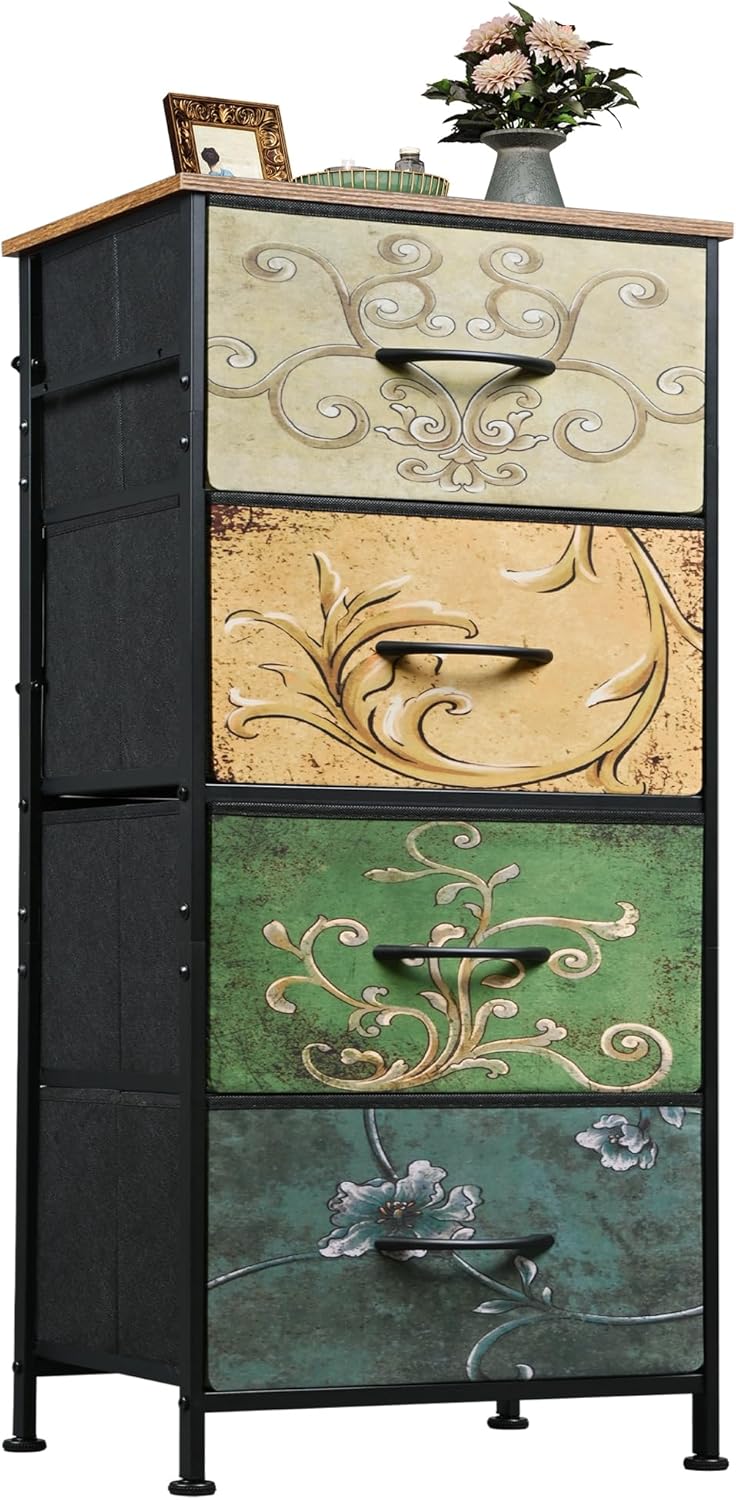 WLIVE Dresser with 4 Drawers, Storage Tower, Organizer Unit, Fabric Dresser for Bedroom, Hallway, Entryway, Closets, Vintage Furniture with Sturdy Steel Frame, Wood Top, Pull Handle, Floral Painted