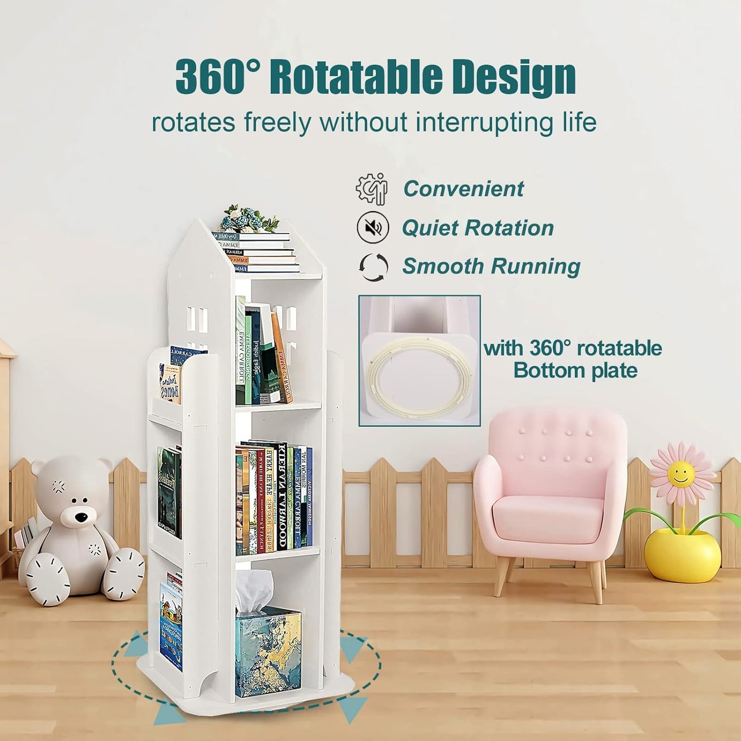 Rotating Bookshelf, 3-Tier Rotating Children's Bookshelf, 360° Revolving Display Floor Standing Bookshelves, Book Shelf Organizer for Kids Room White,16.14" x 16.14" x 37.4"