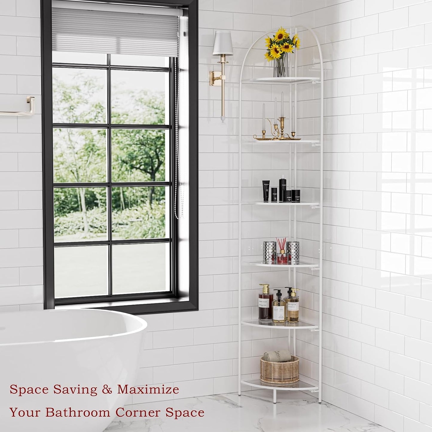 Crofy Foldable 6 Tier Corner Shelf, Metal Corner Plant Stand with White Frame and Transparent Shelves, Corner Display Rack Multipurpose Shelving Unit for Living Room, Bedroom, Bathroom