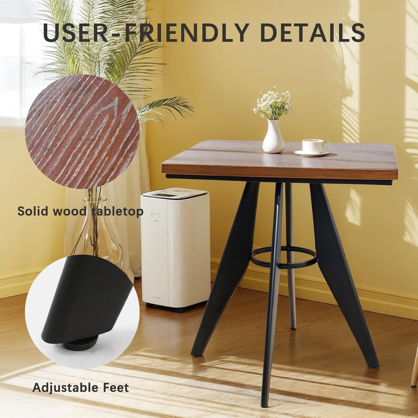 Square Cafe Table - 27.6" Pine Wood Top, Metal Frame, 28.15" High, Modern Industrial Dining Table for Kitchen, Home Office, Bistro, Compact for Space Saving, Black Base Brown Top