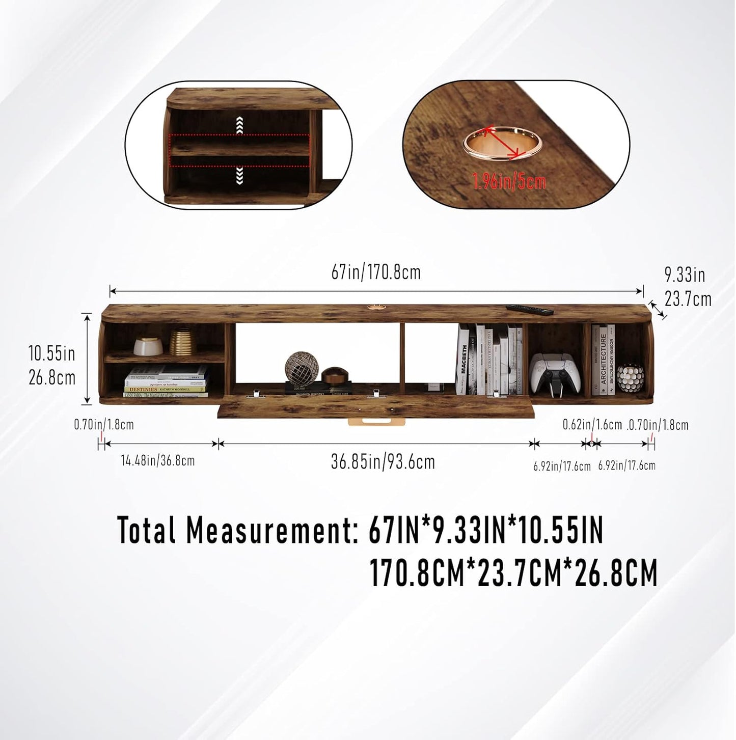 Floating TV Unit, 67'' Wall Mounted TV Cabinet, Floating Shelves with 4 Cabinets, Wooden Entertainment Media Console Center Large Storage TV Bench for Living Room & Office (Rustic Brown)
