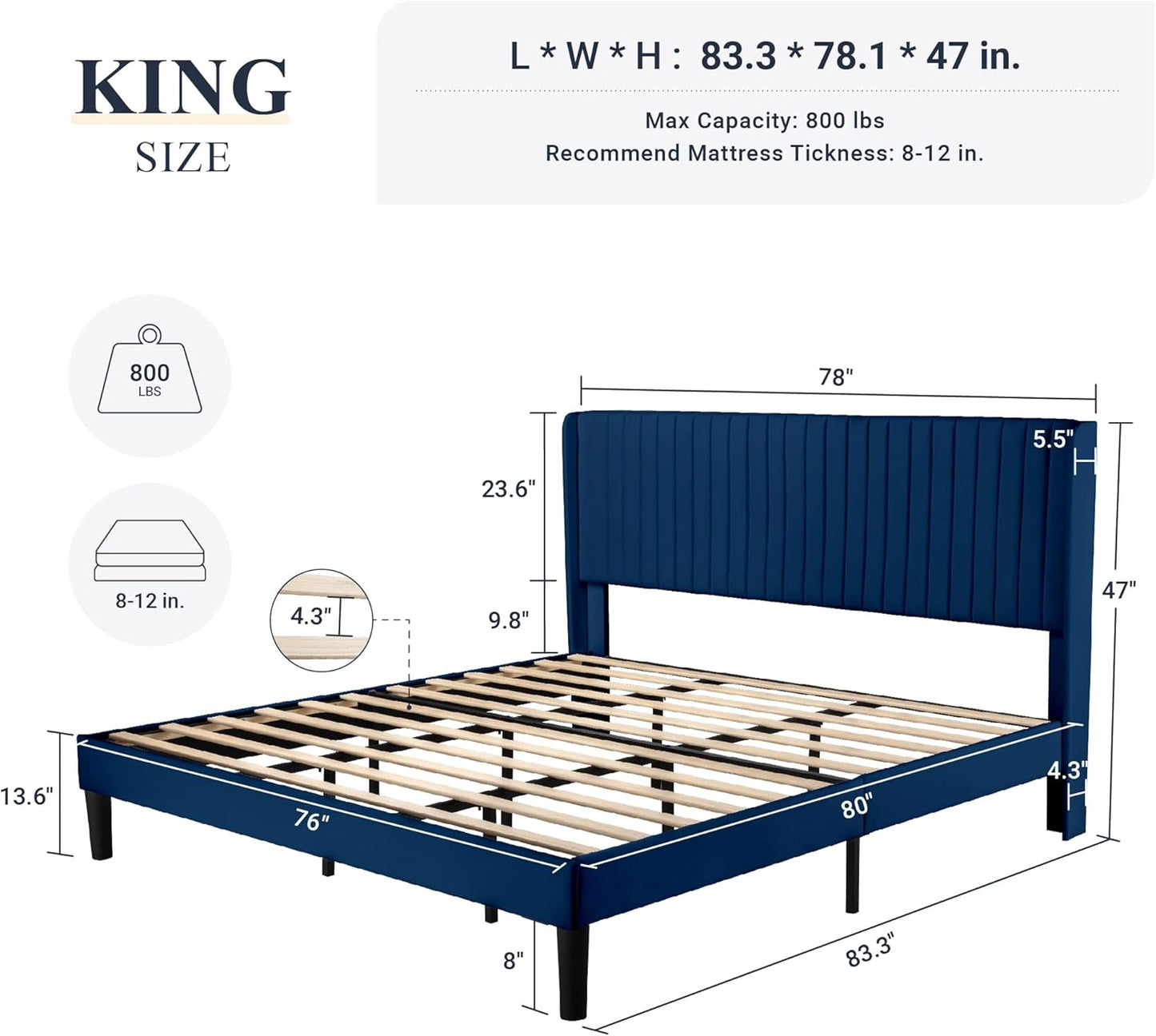 Allewie King Size Velvet Bed Frame/Vertical Channel Tufted Wingback Headboard/Upholstered Platform Bed/Strong Wooden Slats/No Box Spring Needed/Easy Assembly/Blue