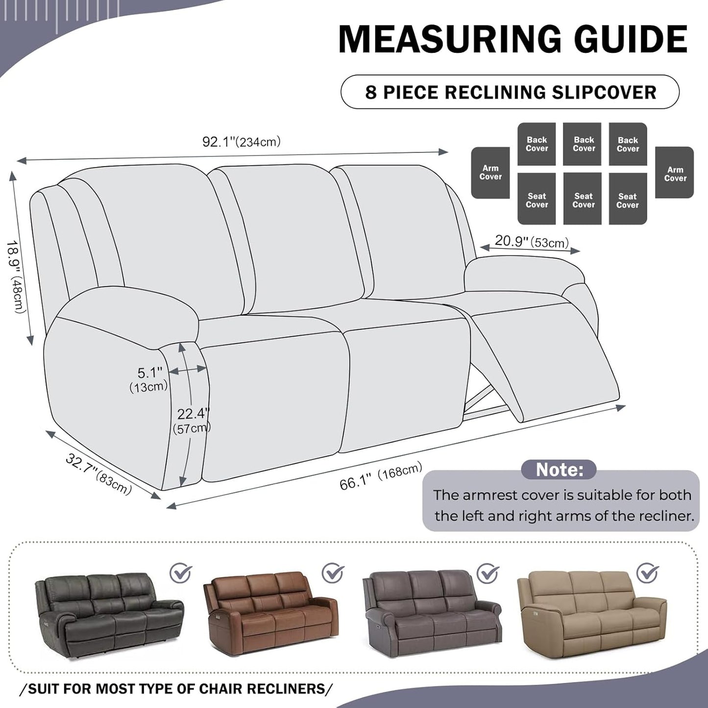 vctops 8 Pieces Geometric Jacquard Plush Recliner Sofa Covers Soft Fuzzy Fluffy 3 Seats Couch Cover Anti-Slip Sofa Slipcover Furniture Protector with Elastic Bottom for Kids Pet(Grey,3 Seat)
