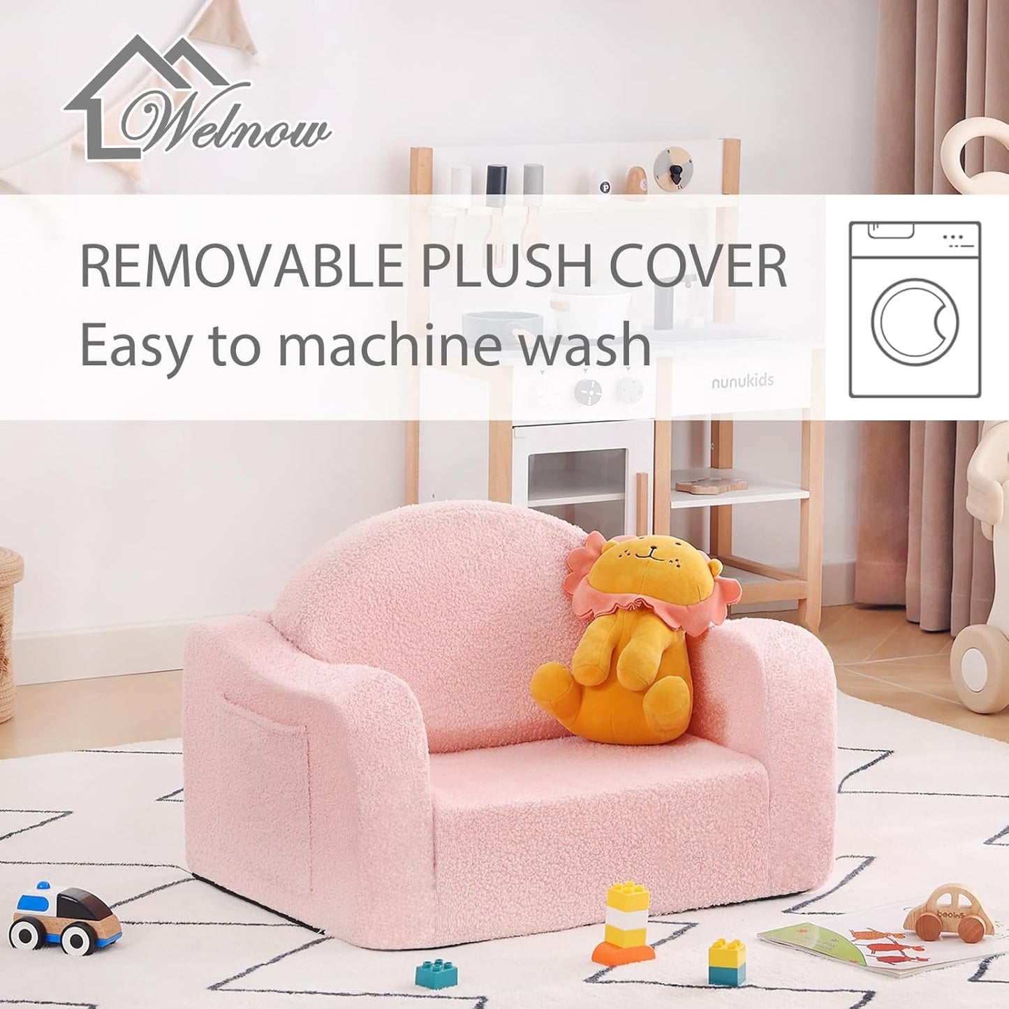 Welnow Kids Sofa, 2-in-1 Soft Sherpa Toddler Chair, Convertible Toddler Couch Lounger, Flip Out Kids Couch Chair with Side Pockets & Removable Cover for Girls and Boys, Pink