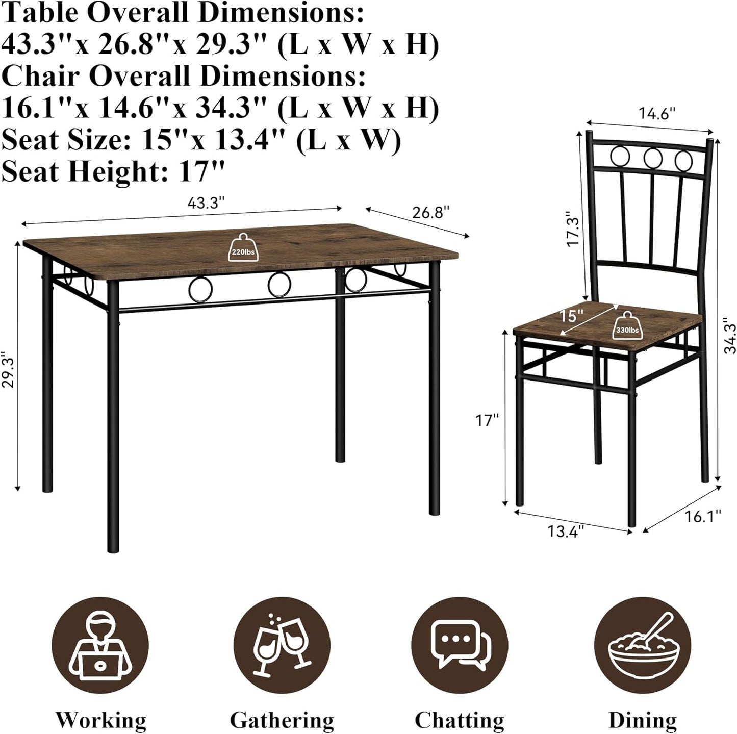 5 Piece Dining Table Set, Modern Metal&Wood Kitchen Dinner Table with 4 Chairs, Dining Room Table Sets for Small Spaces, Brown