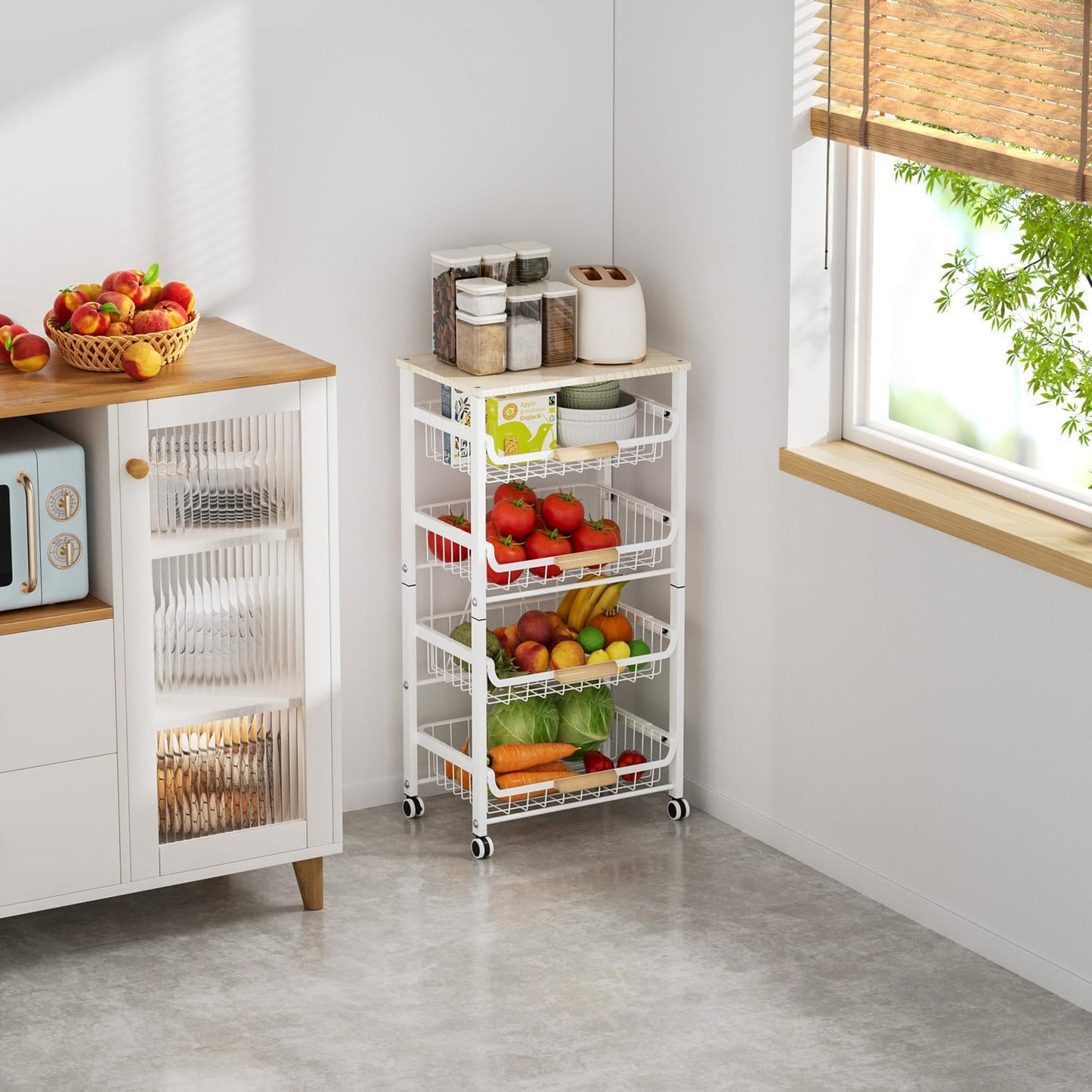 5-Tier Pull-Out Kitchen Storage Cart on Wheels, Fruit Basket, Bedroom Kitchen Organizer, White, 17x11.9x33.66 inches