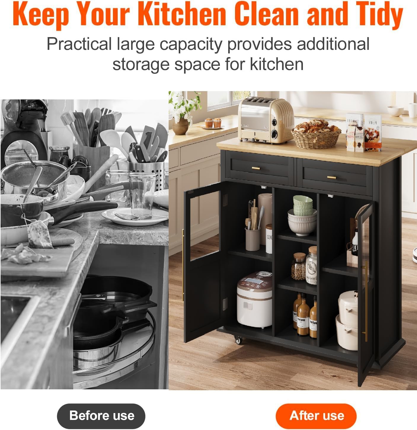 Mobile Modern Storage Island,Rolling Kitchen Island with Drop Leaf - Door Cabinet, Drawer, Bar Cart with Cabinet, Portable Cart Island Table for Kitchen, Black