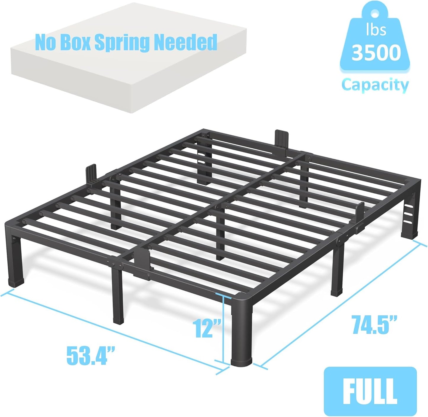 12 Inch Full Bed Frame with Rounded Corner and Headboard Hole Mattress Retainers 3500 LBS Metal Heavy Duty Steel Slats Support No Box Spring Needed Platform Noise Free Easy Assembly