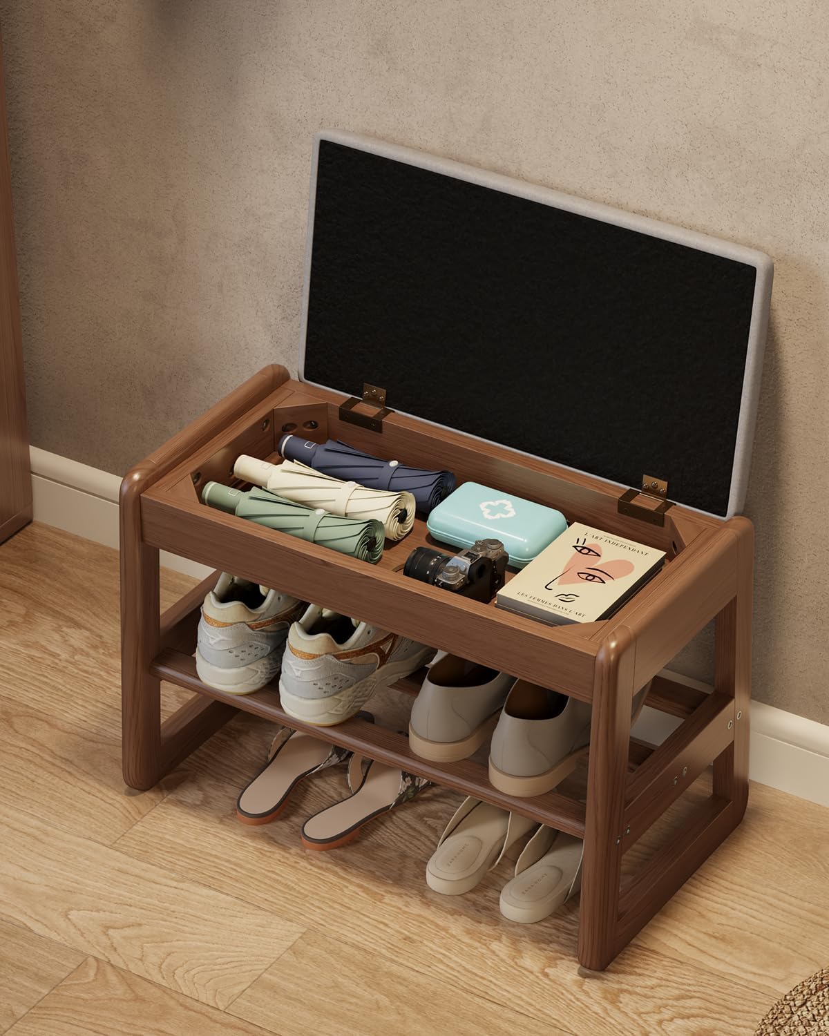 Small Shoe Bench with Cushion,2 Tiers Shoe Rack Bench with Flip-Top Storage,Wood Shoe Rack for Entryway（Walnut,23.62"）