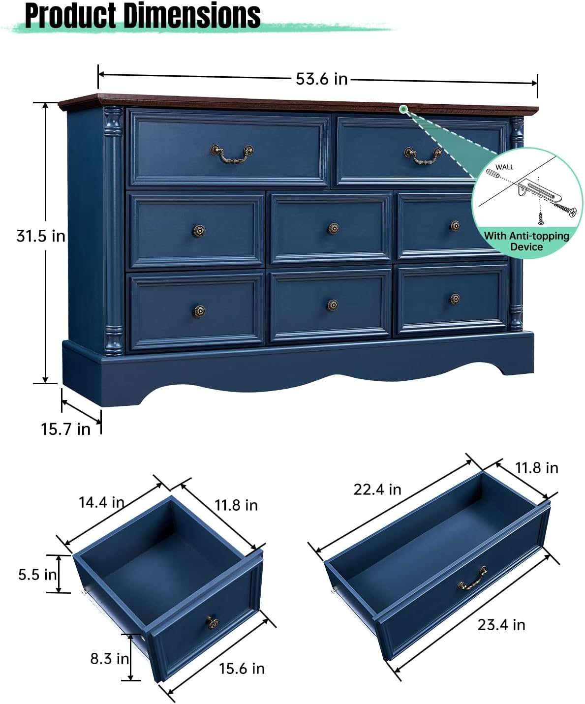 Farmhouse 8 Drawers Dresser for Bedroom with Charging Station, 54" Wide Wood Country Rustic Storage Dressers Organizer, Vintage Design Chest of Drawers TV Stand for Bedroom, Living Room