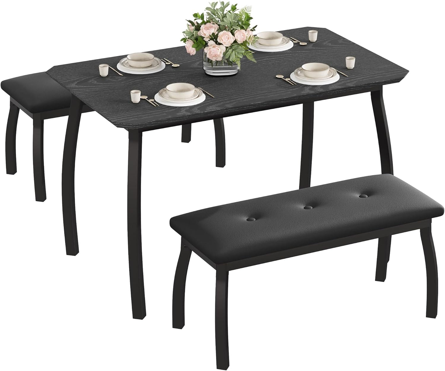 3 Piece Farmhouse Dining Table Set for 4, Compact Rustic Kitchen Table with 2 Padded Benches, Space Saving Breakfast Nook Furniture Set for Small Spaces, Apartments, Black
