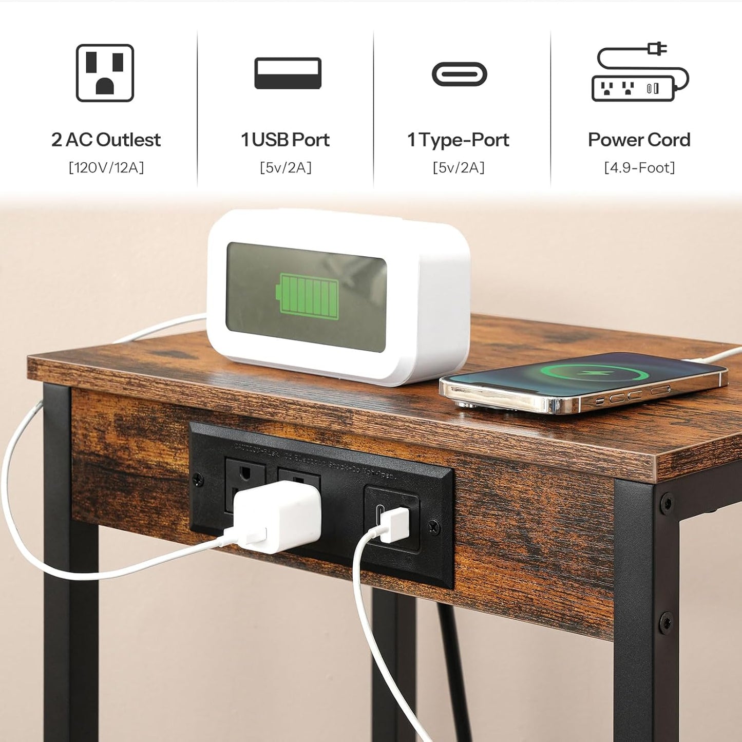 HOOBRO Tall End Table with Charging Station, 30 Inch Tall Nightstand, 3-Tier Side Table with Storage Shelves, for Living Room, Bedroom, Hallway, Rustic Brown BF09UDH01G1