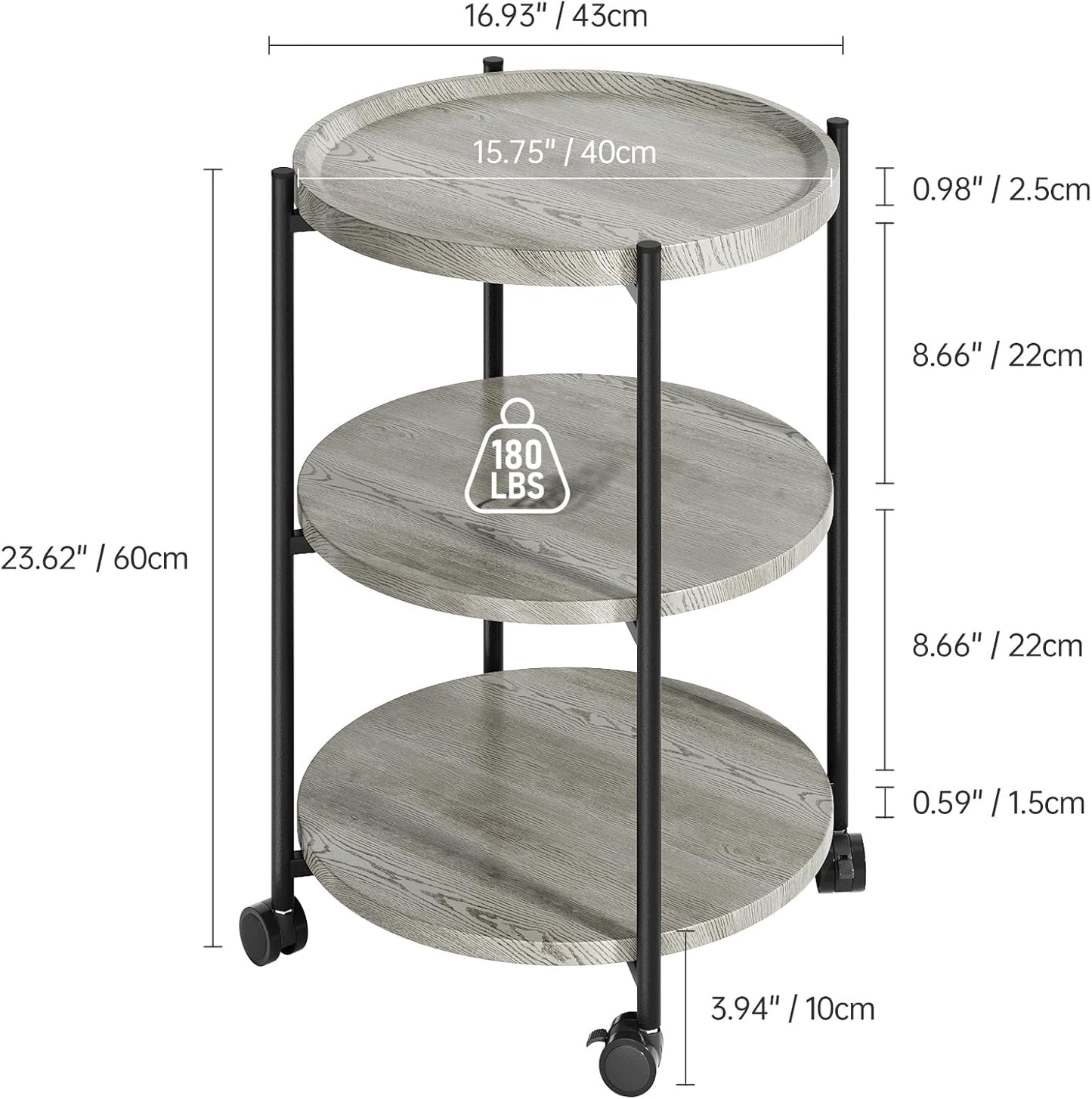 End Tables Living Room, 3-Tier Modern End Table with Wheels, Small Side Table Nightstand Bedside Table for Living Room, Bedroom, or Small Spaces-Gray