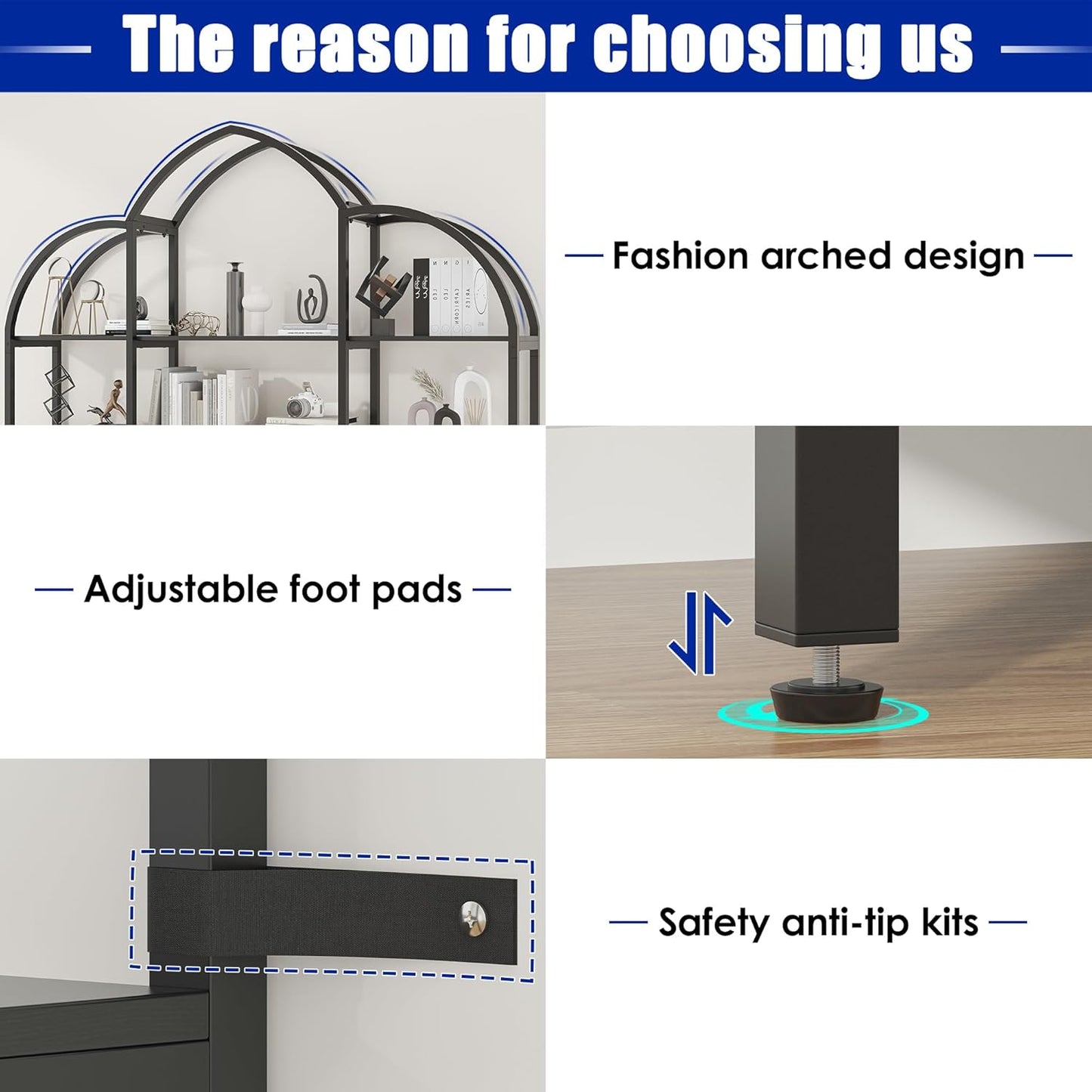 Triple Wide 5 Tier Tall Arched Bookshelf and Bookcase with 3 Cabinets, Industrial Metal Etagere Open Bookshelf, Wood Standing Book Shelf with Black Metal Frame for Bedroom Living Room