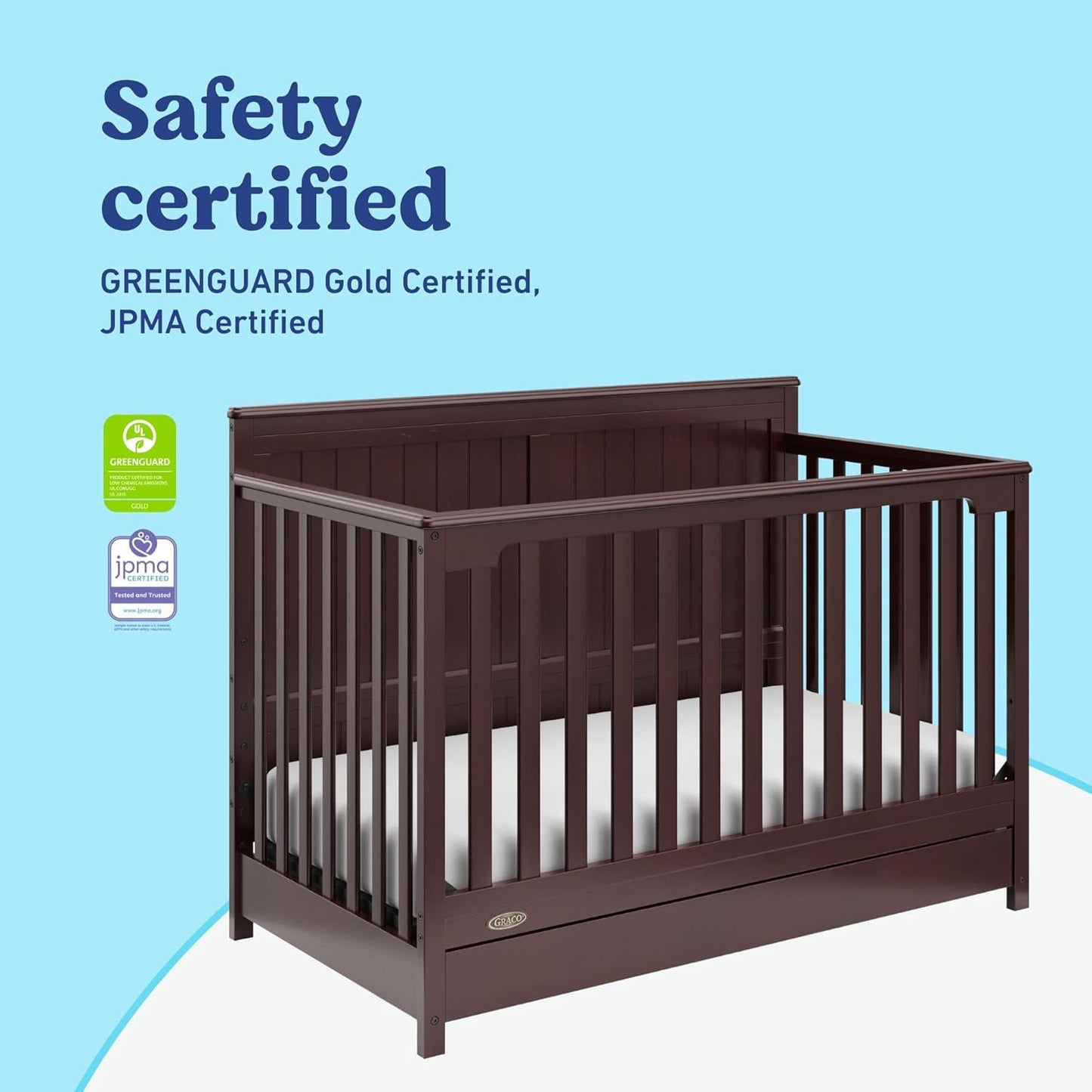 Graco Hadley 5-in-1 Convertible Crib with Drawer (Espresso) – GREENGUARD Gold Certified, Fits Standard Crib Mattress, Converts to Toddler Bed, Daybed and Full Bed, 4 Adjustable Mattress Heights