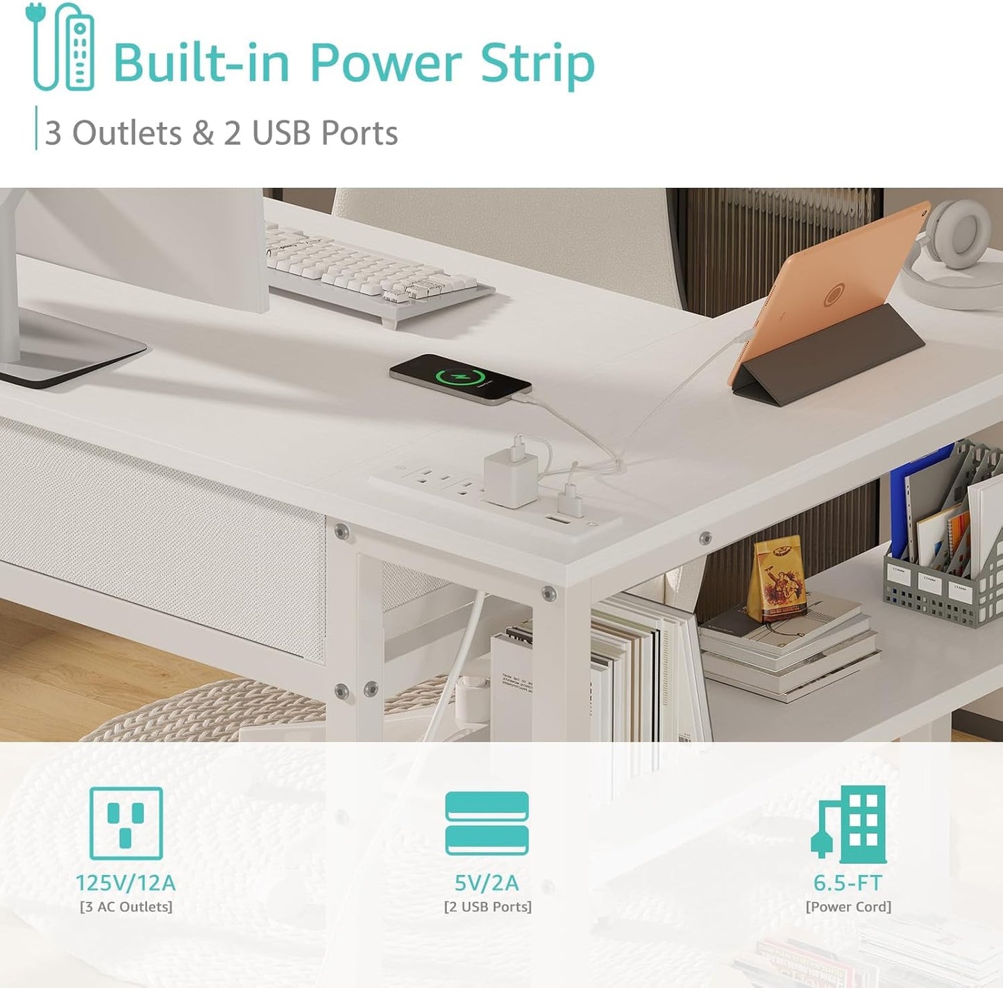 DLisiting Small White L Shaped Desk with Drawers & Storage Shelves, 40 Inch Corner Desk with Power Outlet for Small Space Home Office, Study Work PC Desks for Bedroom