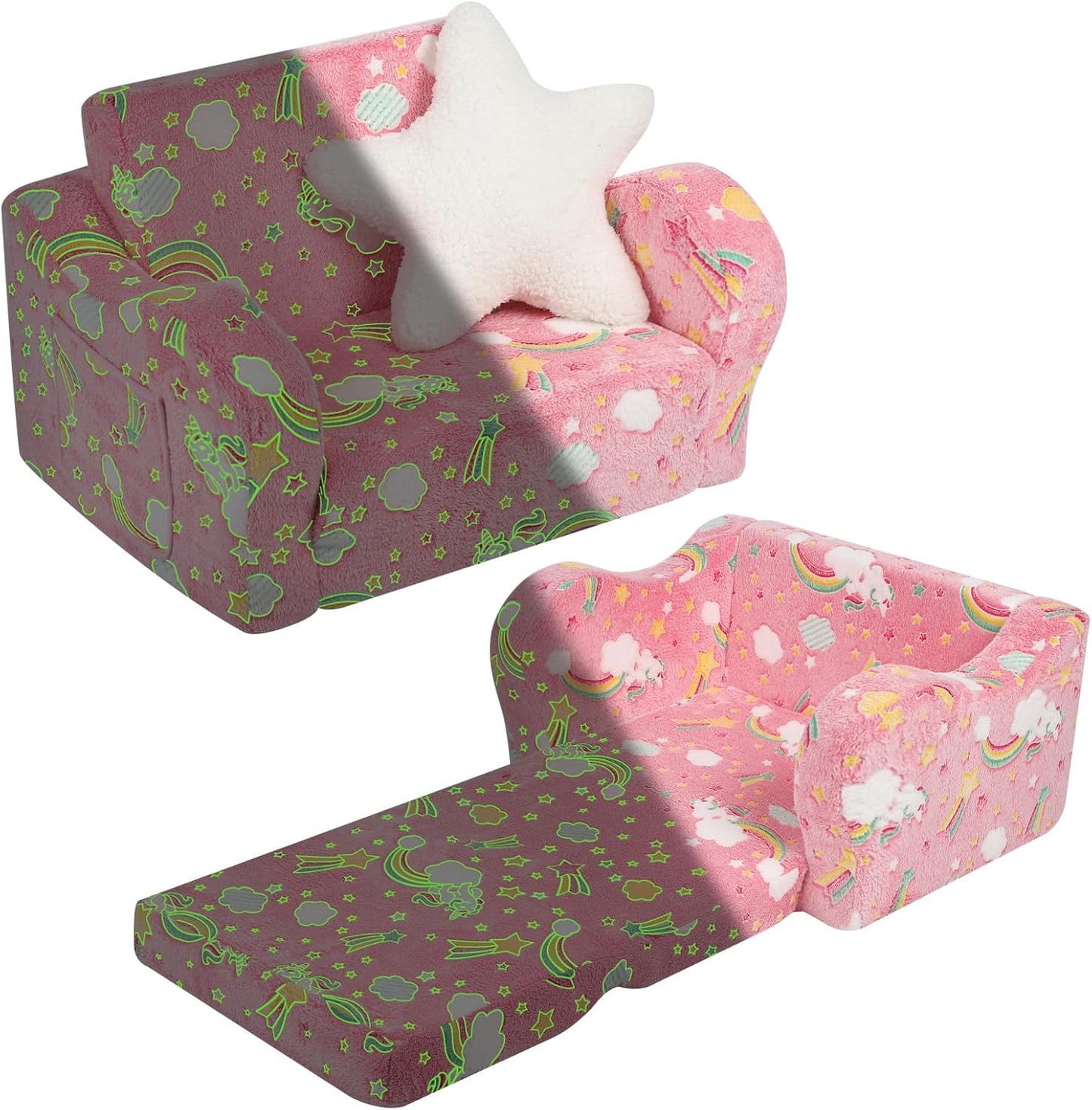 Unicorn Glow in The Dark Toddler Couch, 2-in-1 Toddler Soft Couch Fold Out with Star Pillow, Convertible Sofa to Lounger for Girls and Boys, 1-Seat
