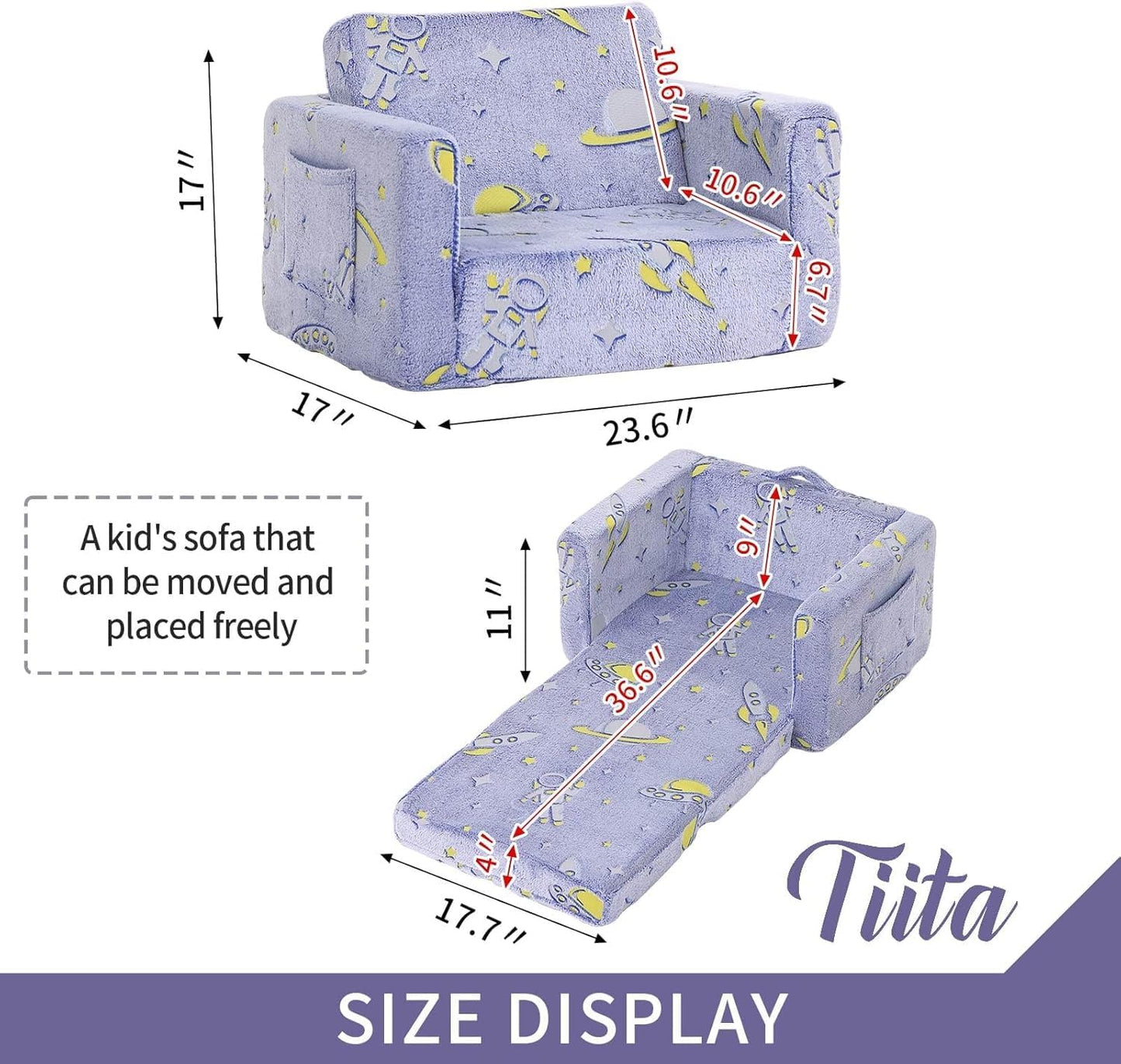 Tiita Kids Sofa, 2-in-1 Toddler Chair, Convertible Children Couch to Lounger, Flip Out Kid Sofas Chair, Toddler Armrest Chairs Bed, Folding Kids Play Sofa for Girl or Boy (Blue Astronauts)