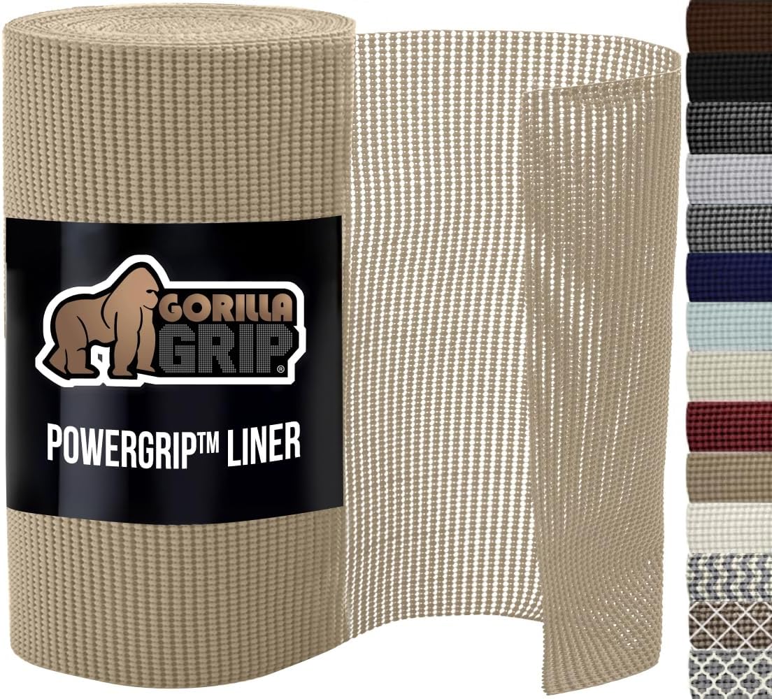 GORILLA GRIP powerGRIP Drawer Shelf and Cabinet Liner, Thick Strong Hold, Non-Adhesive Liners Protect Kitchen Cabinets and Cupboard, Bathroom Drawers, Easy Install, Breathable Mat, 20" x10', Beige