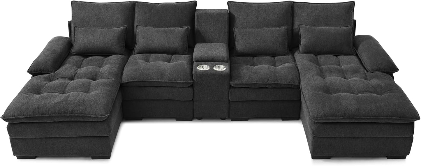 130" U-Shaped Sectional Sofa with Storage Console & Cup Holders, Upholstered 6 Seat Living Room Sleeper Couch Furniture Set w/Chaise, Cloud Cushion Couch for Home, Office, Apartment,Grey