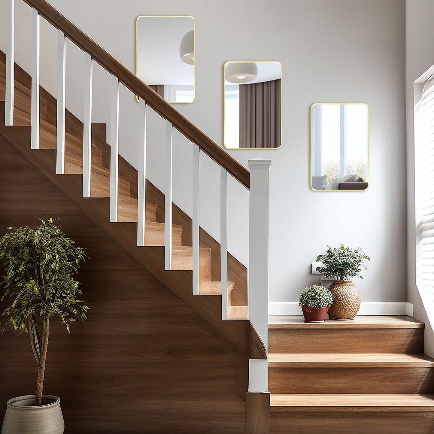 Wall Mount Mirror for Bathroom, Brushed Gold Metal Framed Rounded Corner Rectangular Vanity Mirror (18" x 24", Gold)