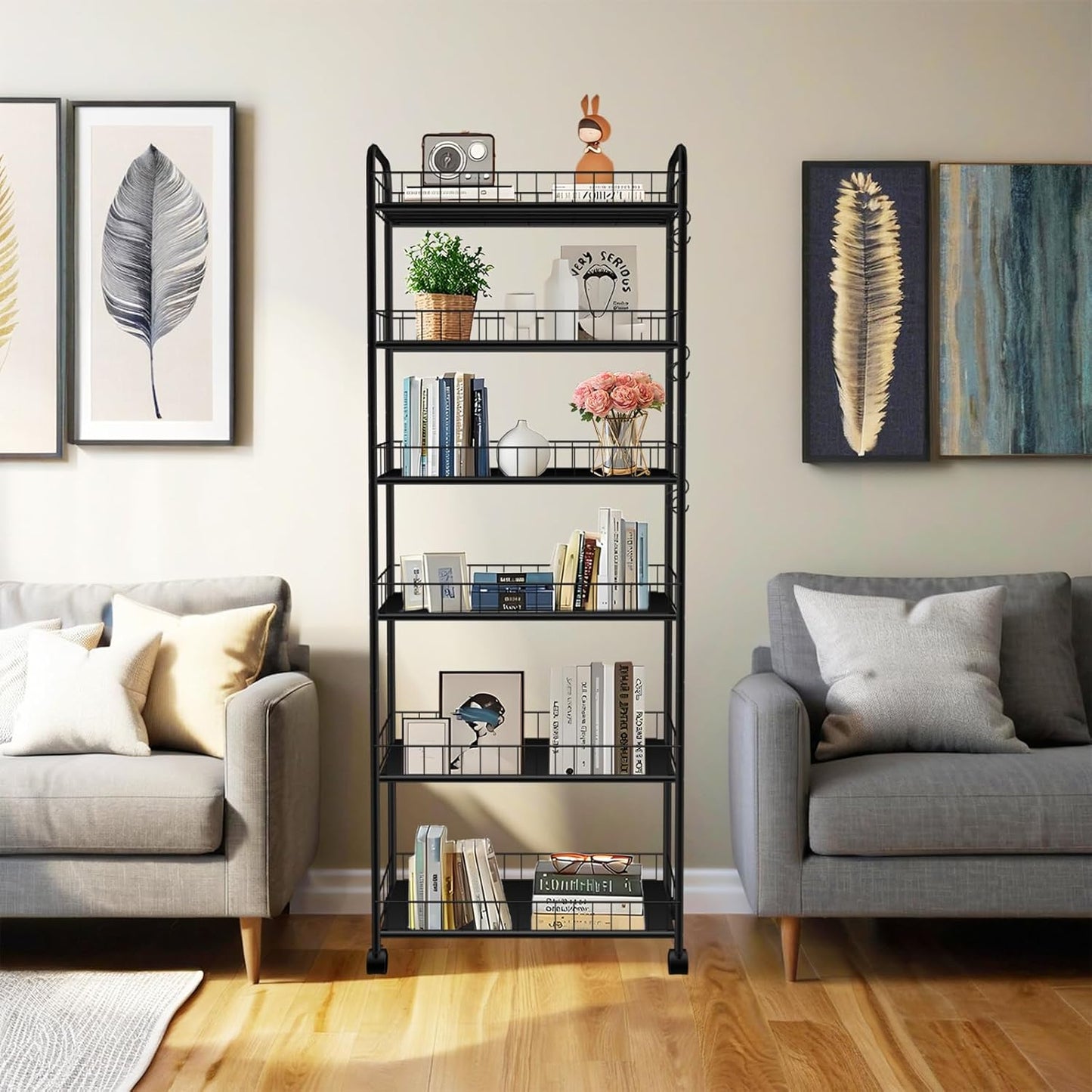 6-Tier Slim Storage Cart with Wheels,10in Wide Black Narrow Rolling Shelf,Sturdy Slim Storage Ideal for Kitchen, Bathroom, and Laundry Room