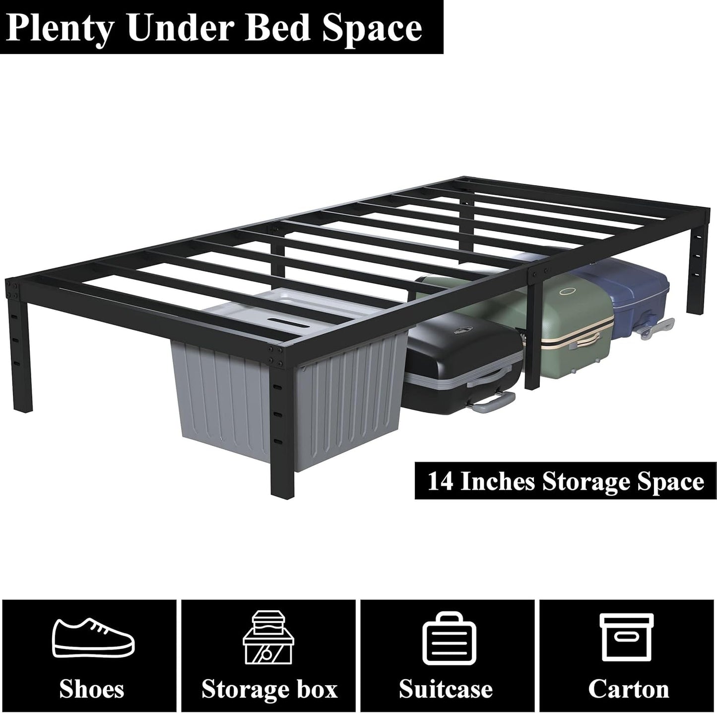 16 Inch Twin Bed Frames No Box Spring Need, Metal Platform Bed Frame Twin Size Heavy Duty Mattress Foundation with 14 Inch Storage, Eassy Assembly 2,500 lbs Steel Slats Support, Black