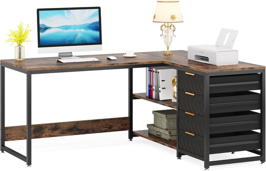 LITTLE TREE 59-Inch L Shaped Desk with Drawers, Large Computer Desk with Storage Shelves, Reversible L-Shaped Corner Desk Workstation for Home Office