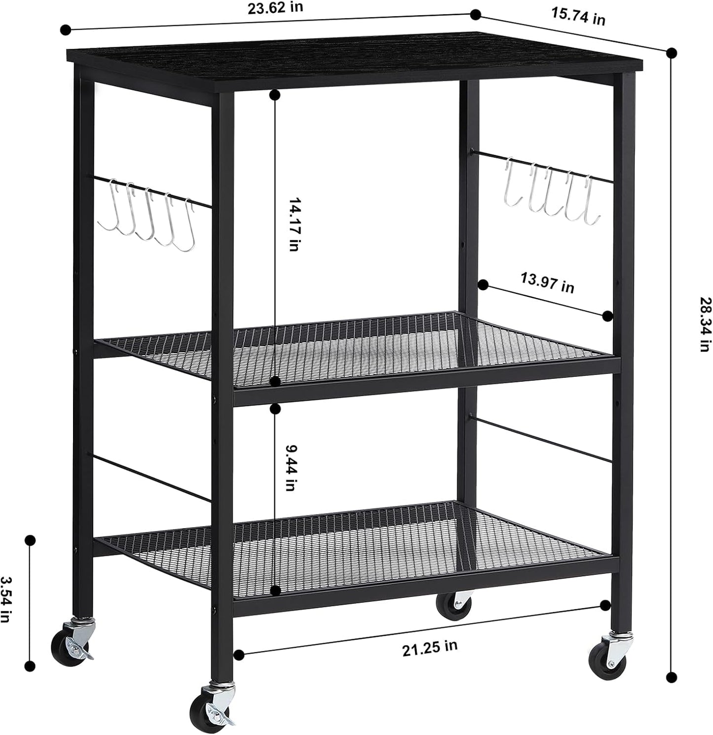 LIANTRAL Rolling Cart, 3-Tier Utility Microwave Bar Coffee Cart Kitchen Storage Shelf On Wheels, Black Large Side End Table Nightstand for Home Office