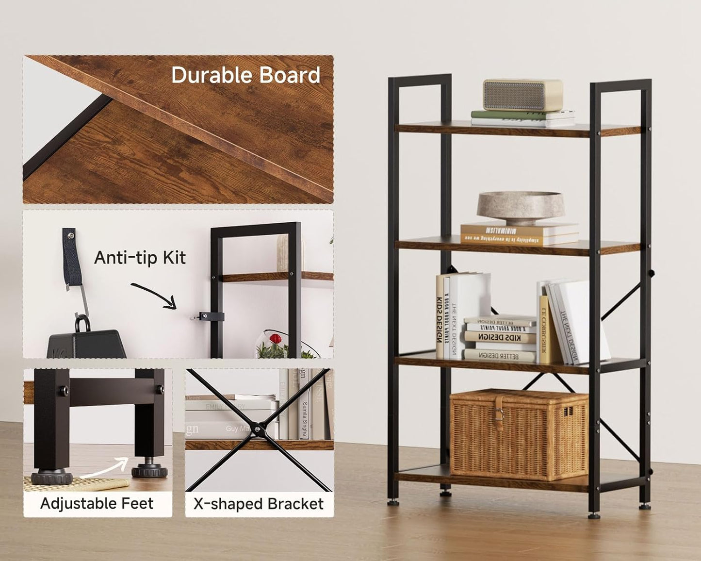 Casaottima Book Shelf, 4 Tier Bookshelf, Modern Wood Bookcase Shelves for Bedroom, Industrial Display Shelf for Living Room Home Office Kitchen, Standing Shelving Unit Storage Organizer, Vintage