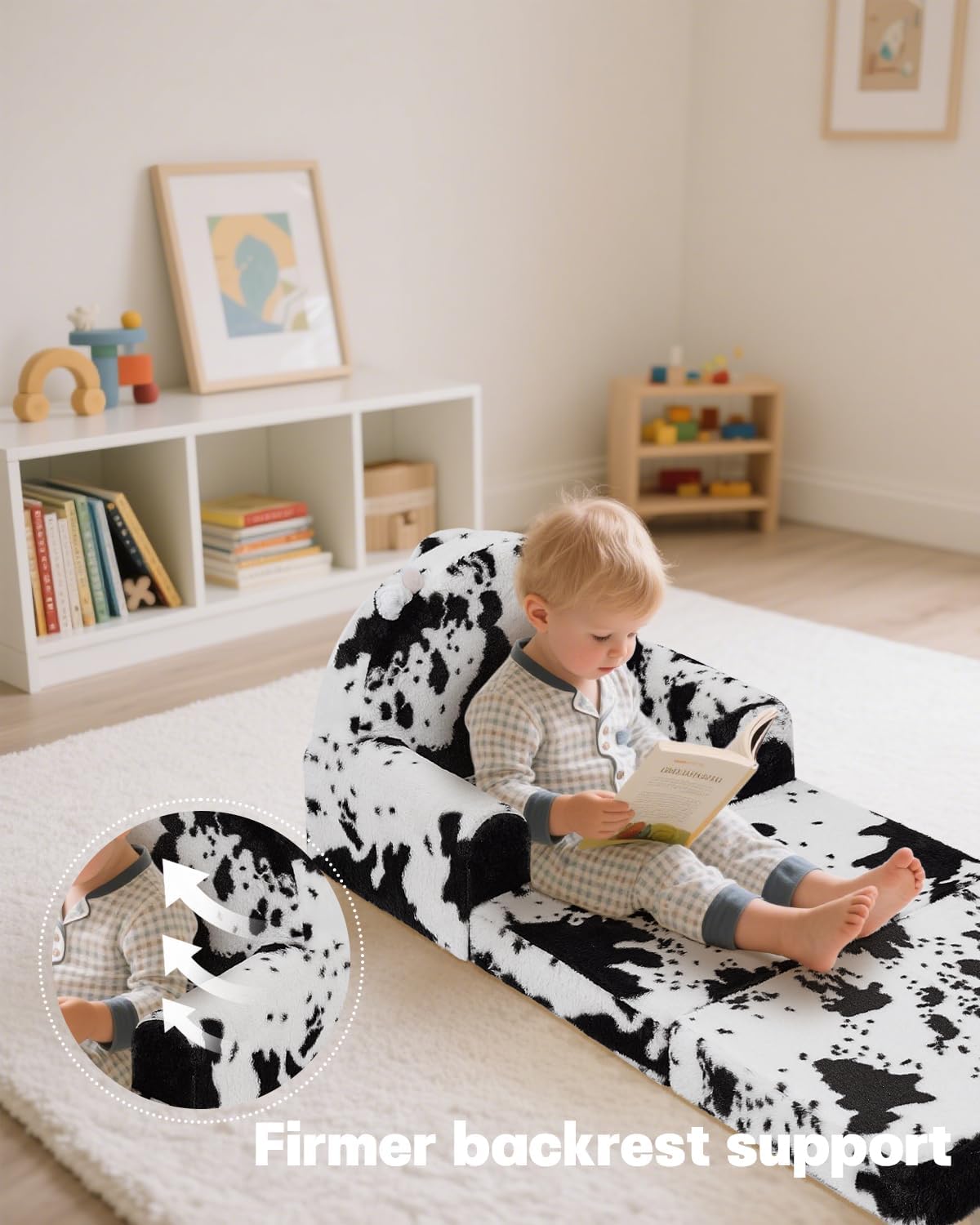 2-in-1 Toddler Chair and Couch – Soft Faux Rabbit Fur, Cow Pattern Design, Fold Out Seat for Reading & Nap, Ages 1–3