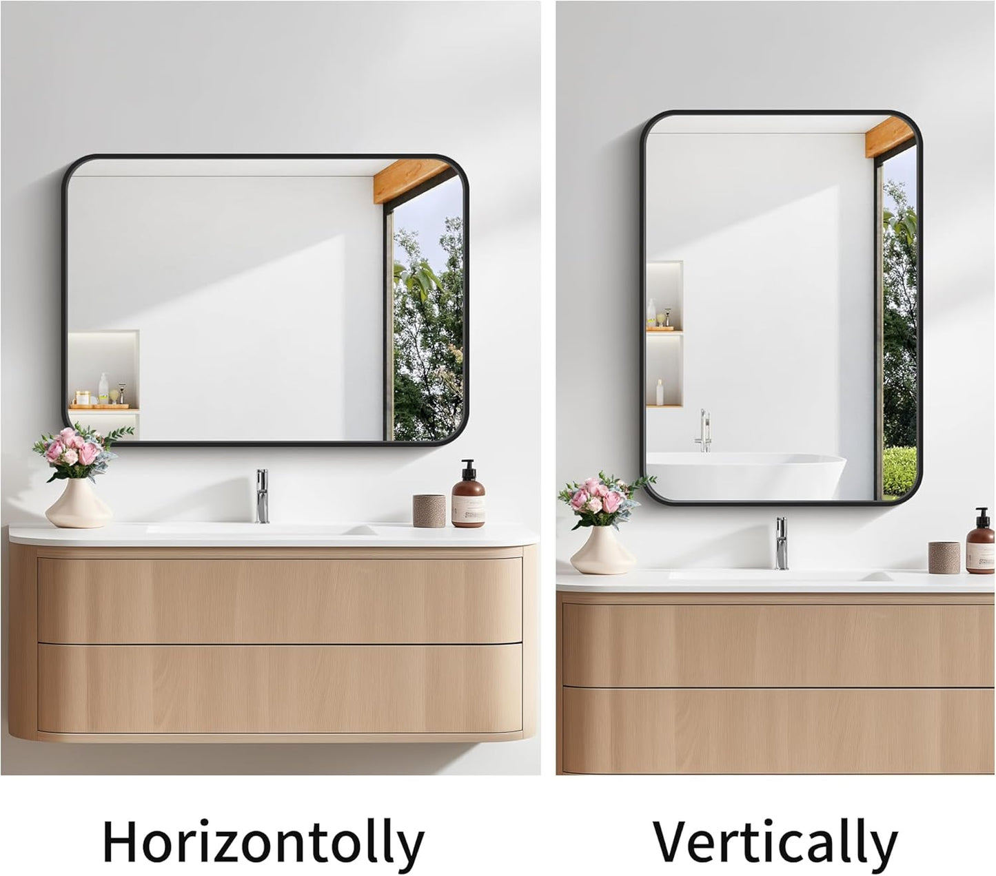 Bathroom Mirror, 18 x 24 inch Metal Framed Black Rectangle Mirror, Rounded Corner Rectangular Vanity Mirror, Wall Mounted Mirror for Modern Bedroom Living Room Hangs Horizontal or Vertical