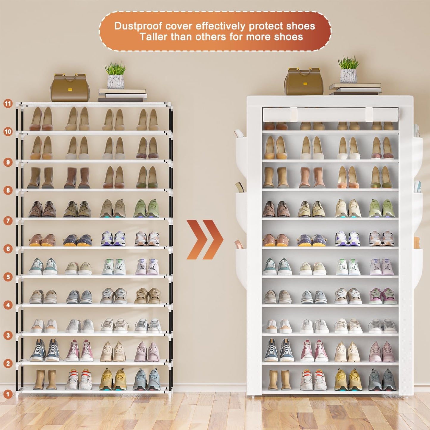 Shoe Rack 10Tier Large Capacity 50-56Pairs Beautiful Tall Shoe Shelf Free Standing Storage Cabinet Entryway Closet