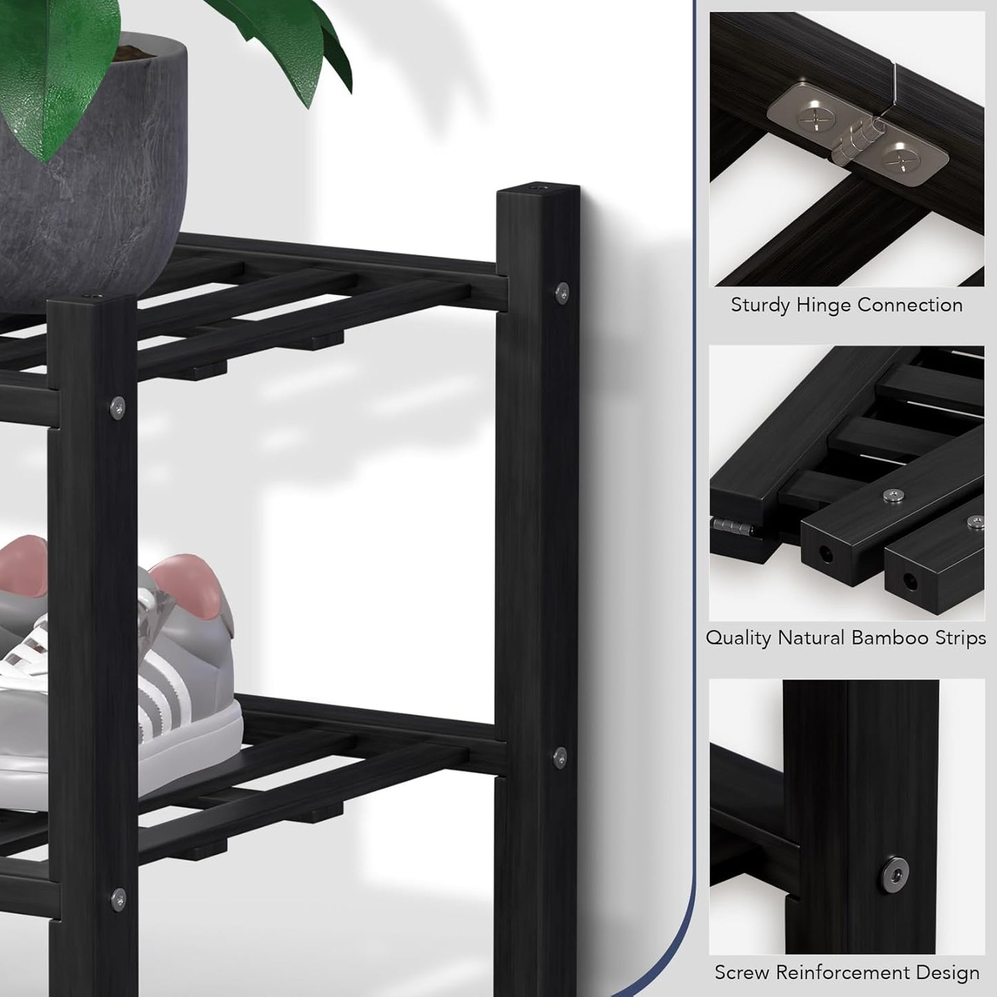 Haddockway Large 2 Tier Bamboo Shoe Rack Storage Organizer, Multifunctional Free Standing Stackable Shoe Shelf with Grid Panel for Closet,Hallway,Entryway,Small Space 27"x12"x14"(Black, 2-Tier(Large))