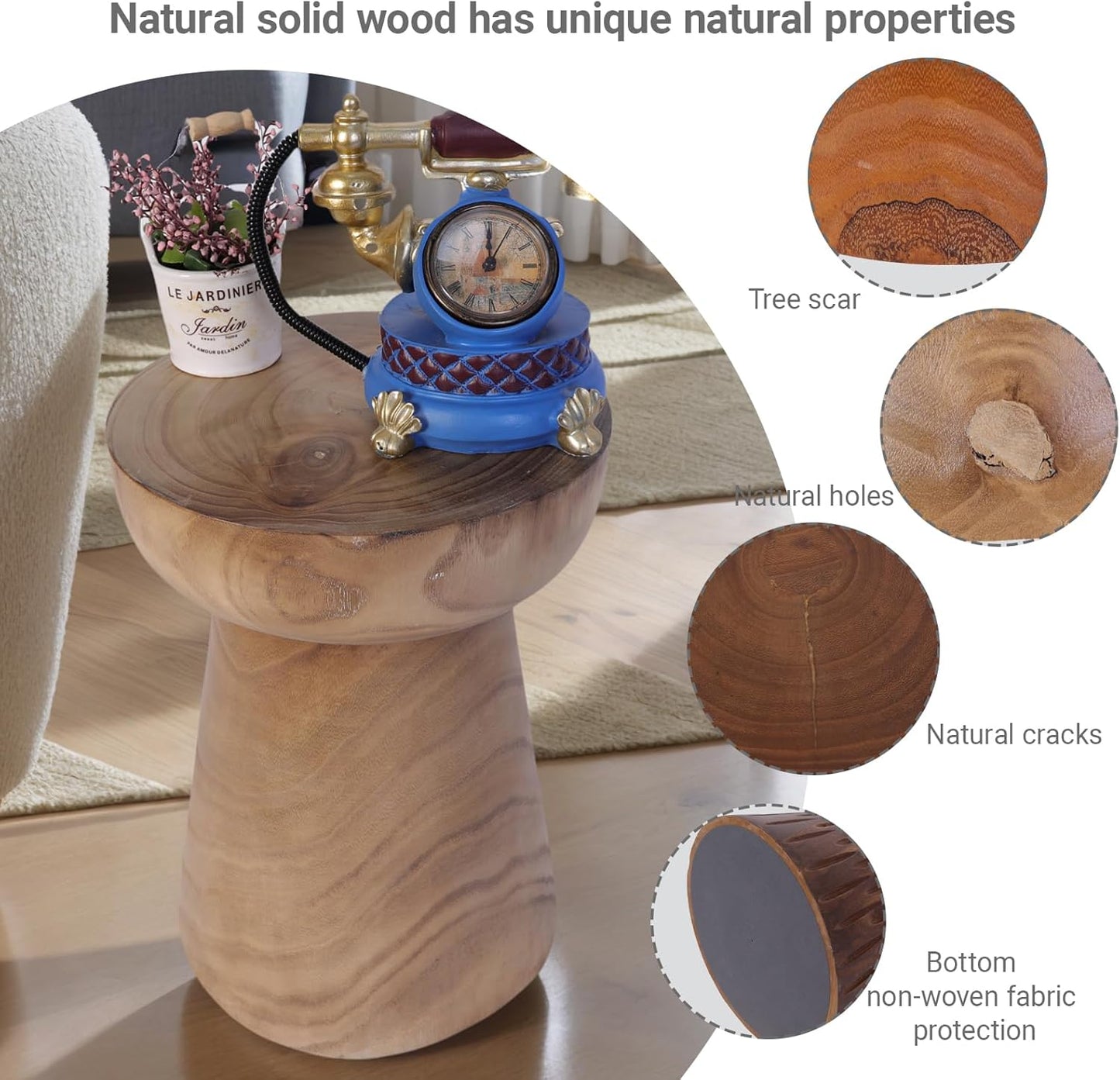 Athaliah Small Rustic Tree Stump Wood Side Table/Stool – 17.75″H Compact Hand-Carved Paulownia Accent Table, Versatile Nightstand & Plant Stand, Farmhouse Style