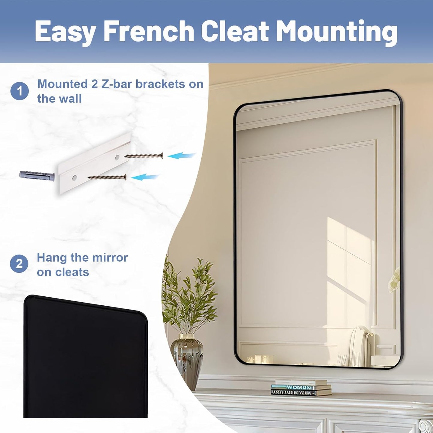 Black Mirrors for Bathroom, 24"x40" Rounded Corner Rectangle Mirror, Modern Metal Frame Bathroom Vanity Mirror for Home Decor Living Room Entryway (Horizontal/Vertical)